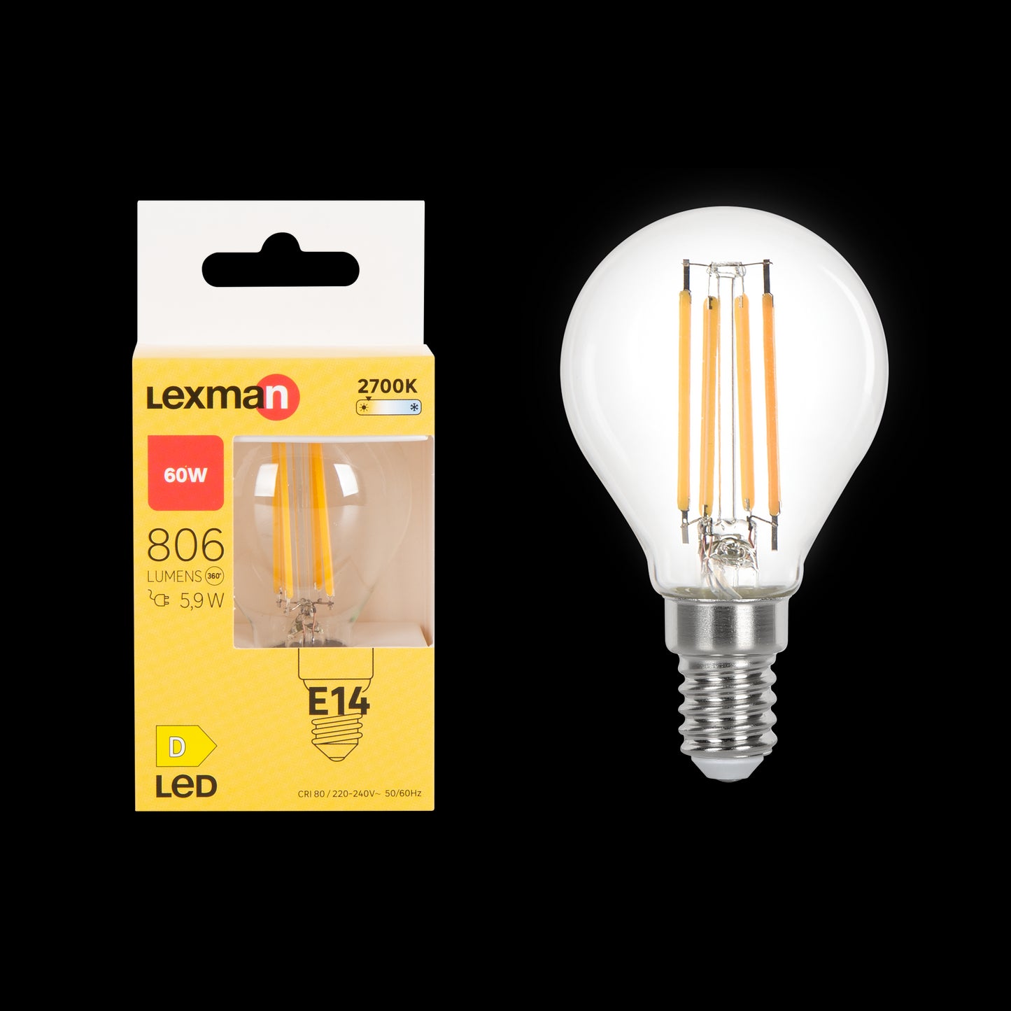 LED BULB E14=60W SPHERE TRANSPARENT WARM LIGHT