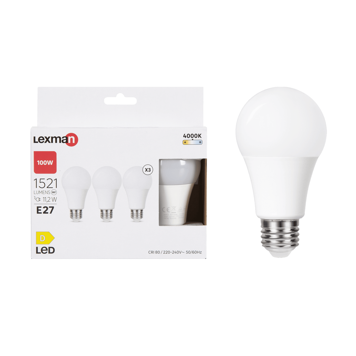 3 E27 LED bulbs = 100W, white plastic, natural light