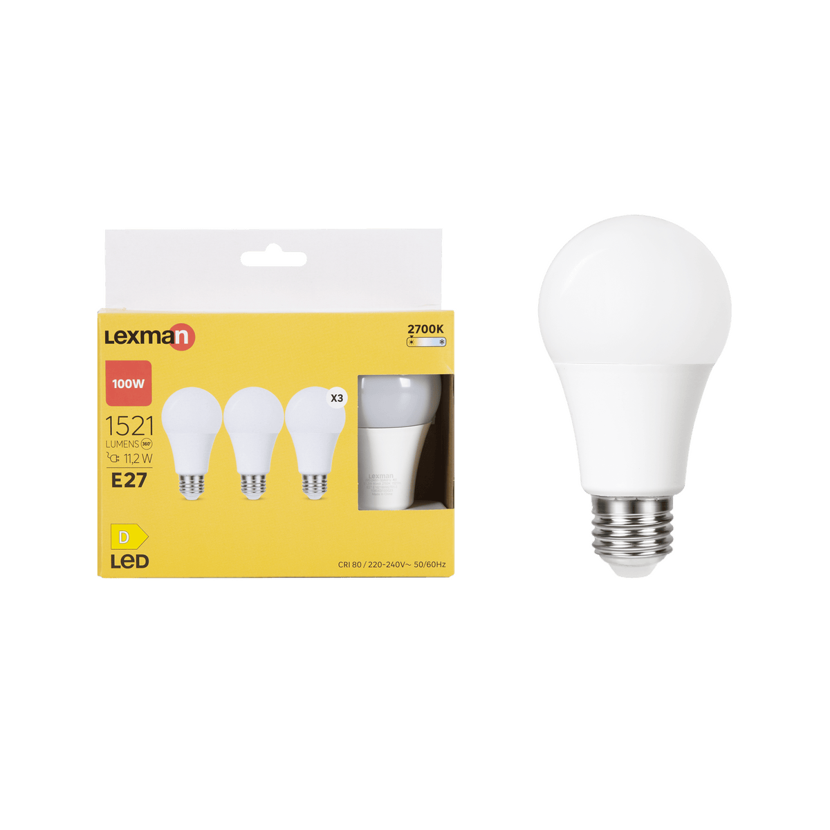 3 E27 LED bulbs = 100W, white plastic, warm light