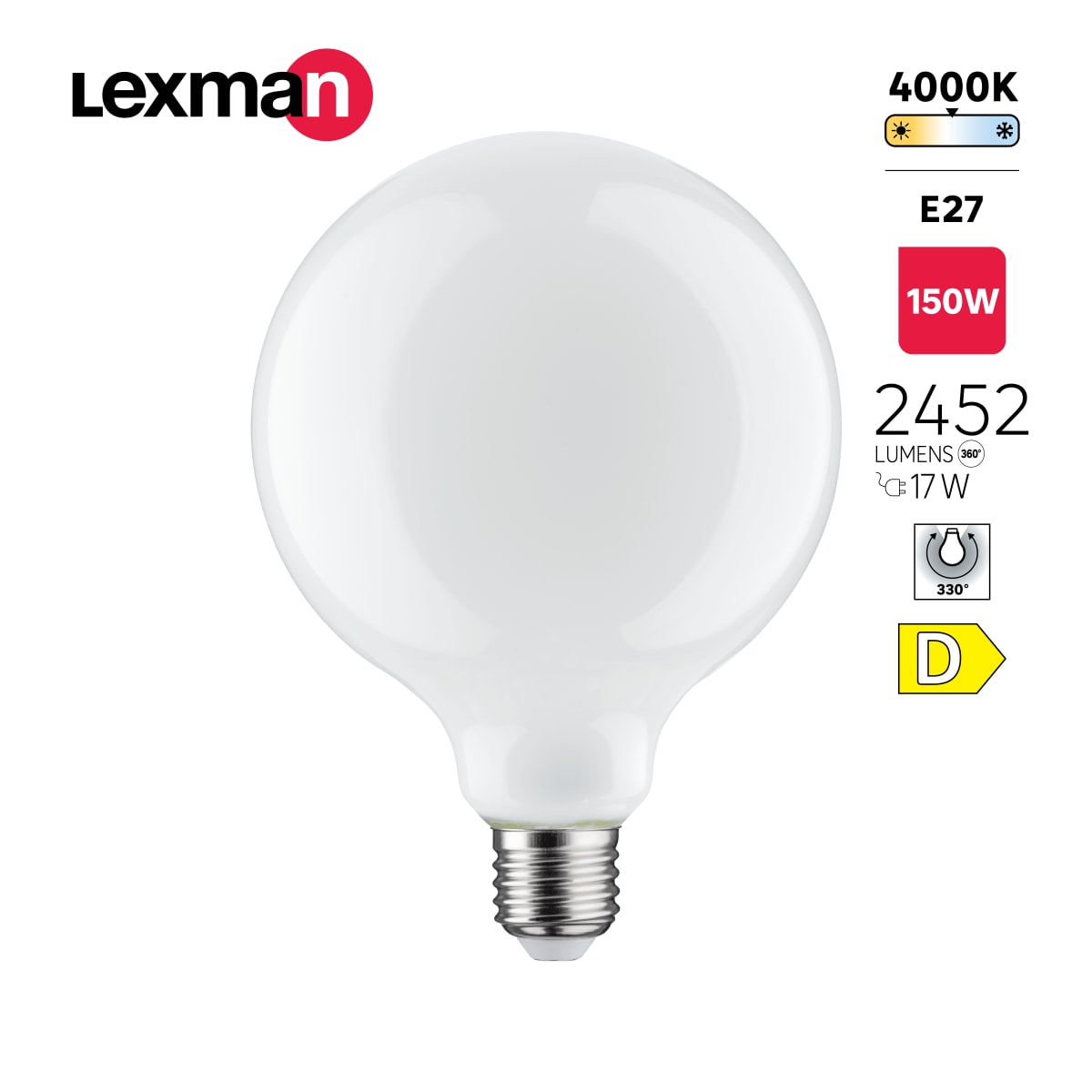LED BULB E27=150W GLOBE LARGE FROSTED NATURAL LIGHT