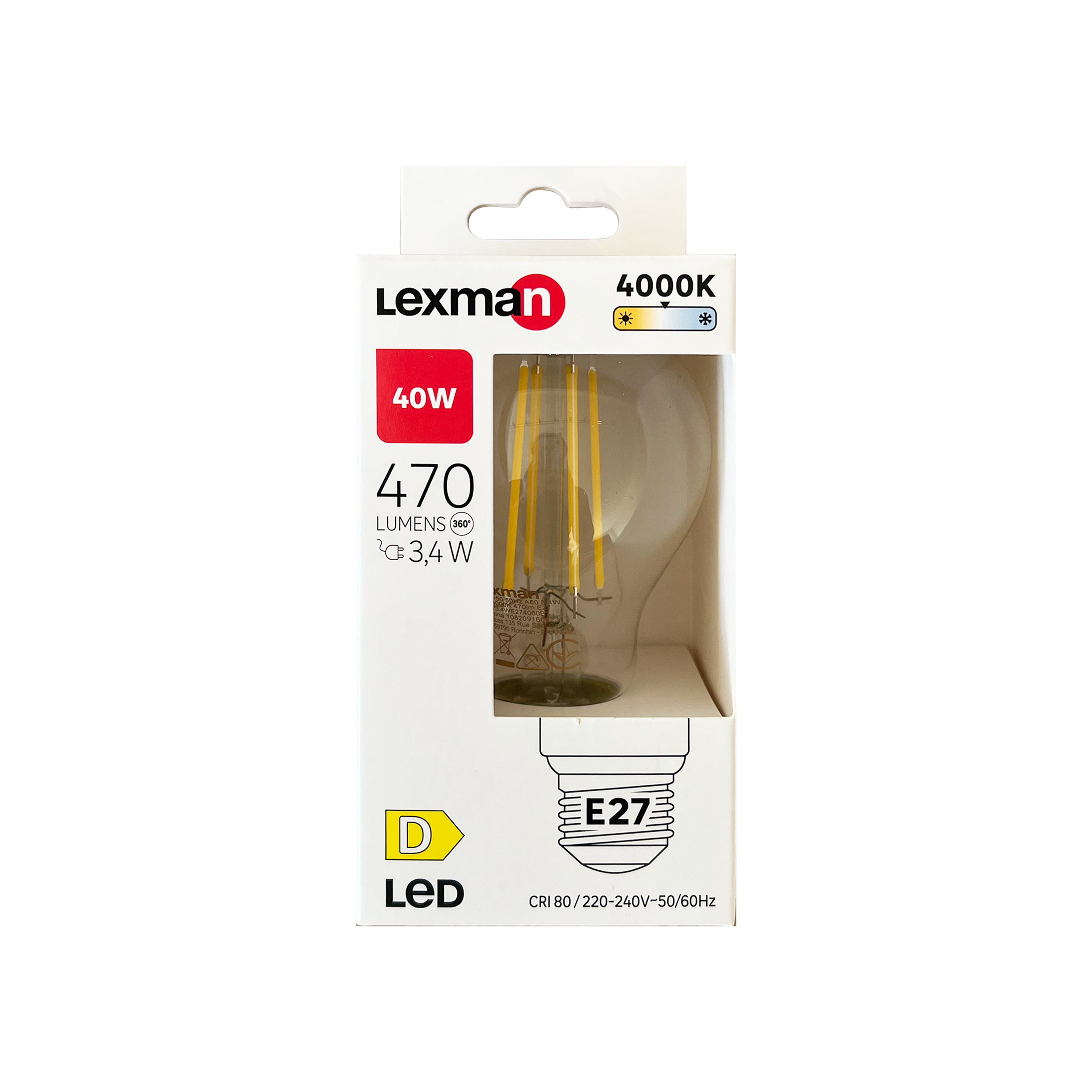 LAMPADINA LED E27=40W GOCCIA TRASPARENTE LUCE NATURALE