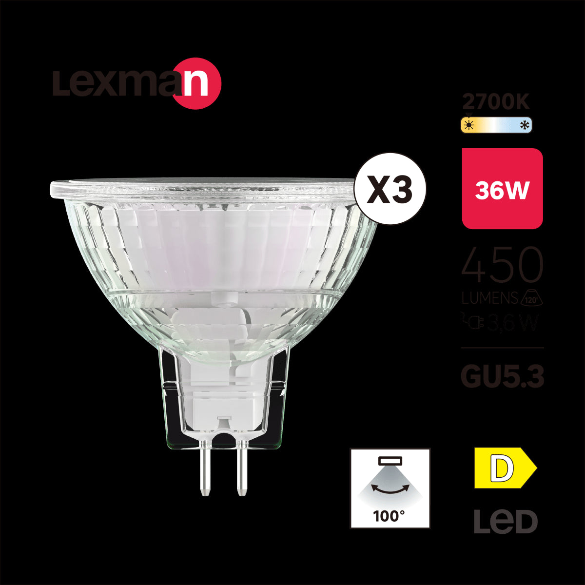 3 LED BULBS GU5.3=36W WARM LIGHT