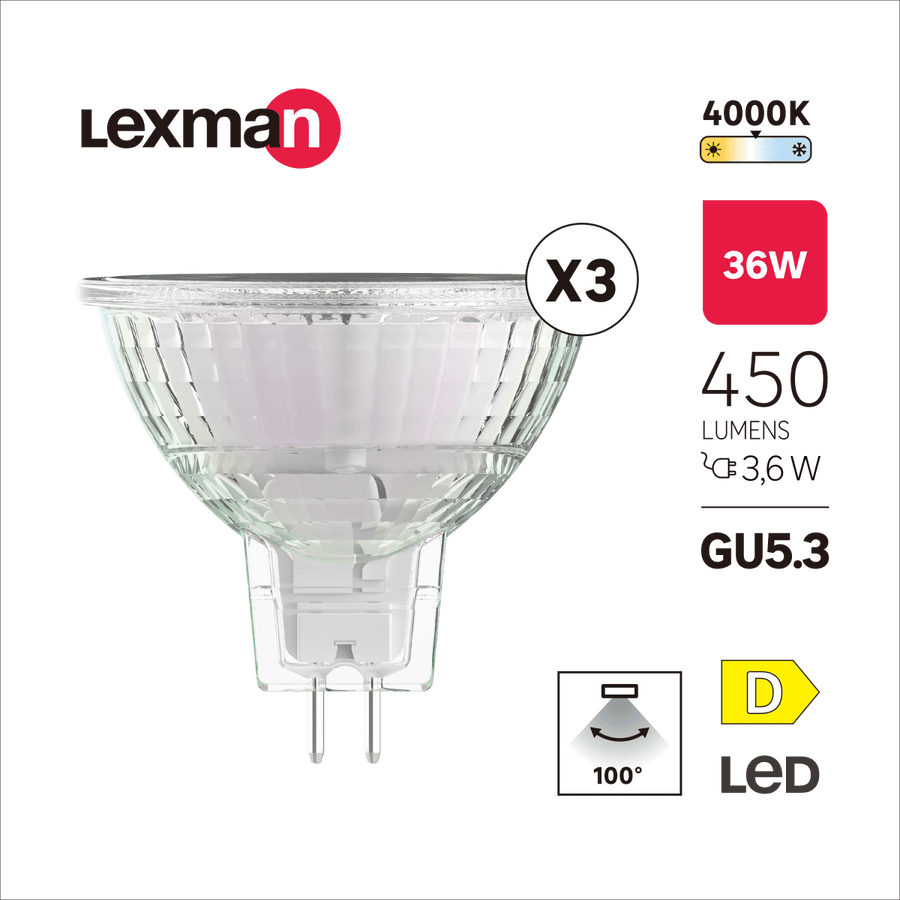 3 LED BULBS GU5.3=36W NATURAL LIGHT