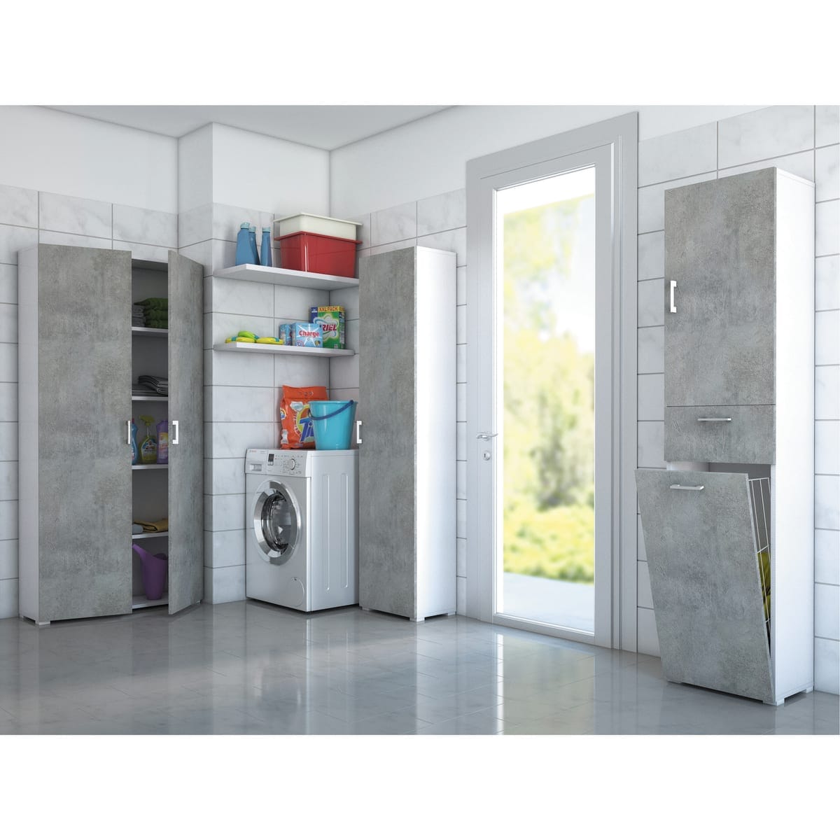 Bricocenter MULTIPURPOSE WHITE CM 195X45X45 1 DOOR CONCRETE 4 ADJUSTABLE SHELVES