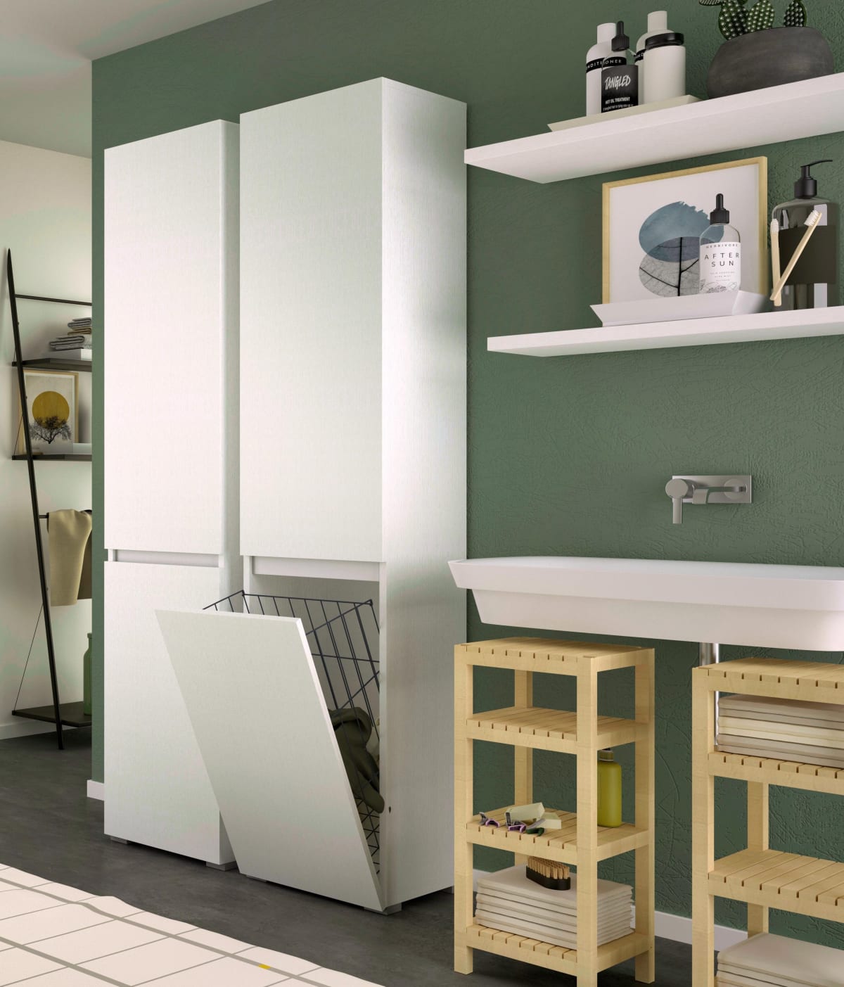 Multi-purpose cabinet with laundry basket, 45x37x195 cm. White