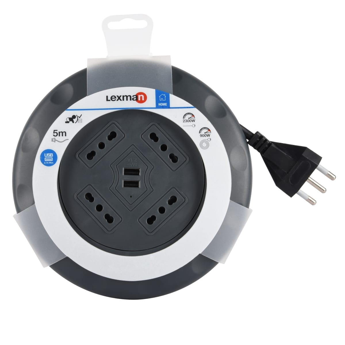 FLAT CABLE REEL 5MT 16A PLUG 4 SOCKETS 10/16A+2 USB WITH LEXMAN THERMAL CIRCUIT BREAKER