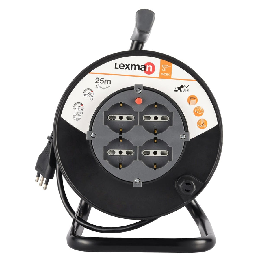 Bricocenter CABLE REEL 25 M CABLE H05VV-F 3G1,5 PLUG 16A 4 UNIVERSAL SOCKETS WITH THERMAL CIRCUIT BREAKER