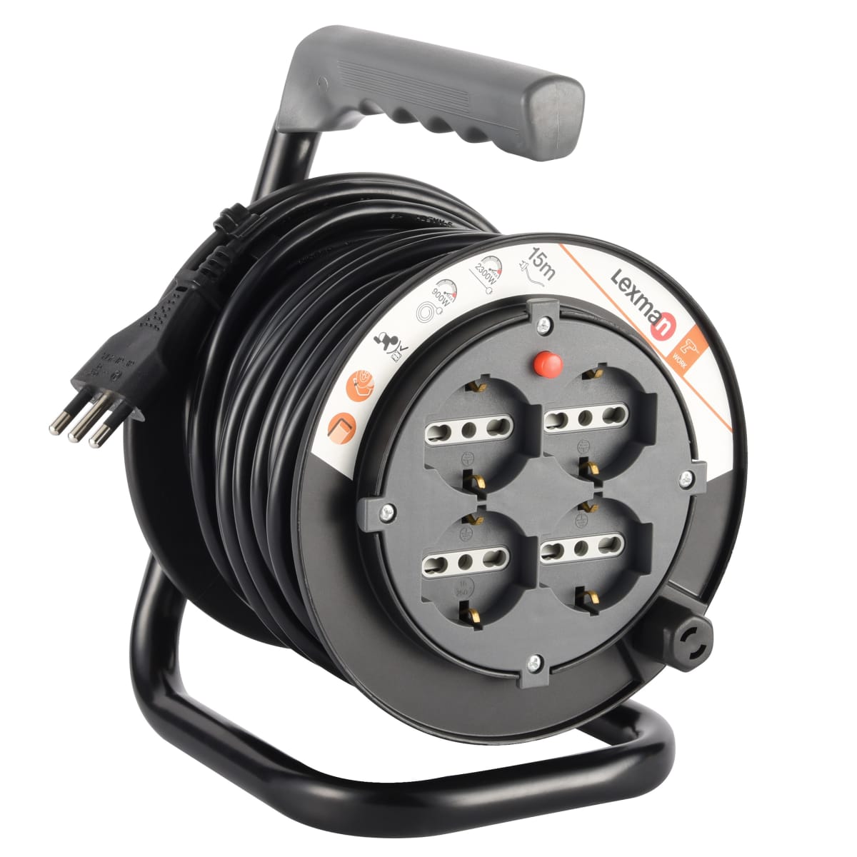 15MT CABLE REEL 16A PLUG 4 UNIVERSAL SOCKETS WITH THERMAL CIRCUIT BREAKER BLACK