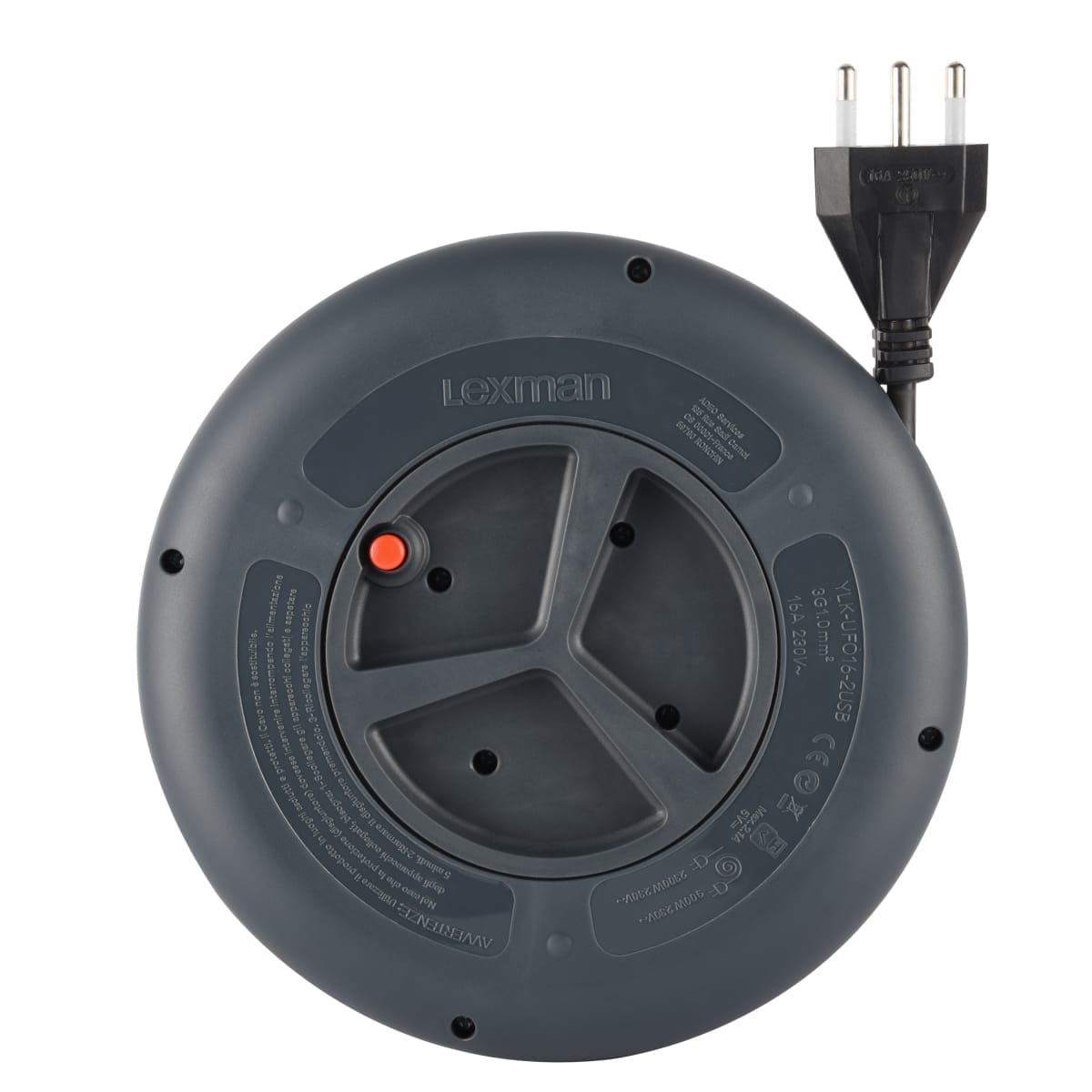 FLAT CABLE REEL 5MT 16A PLUG 4 SOCKETS 10/16A+2 USB WITH LEXMAN THERMAL CIRCUIT BREAKER