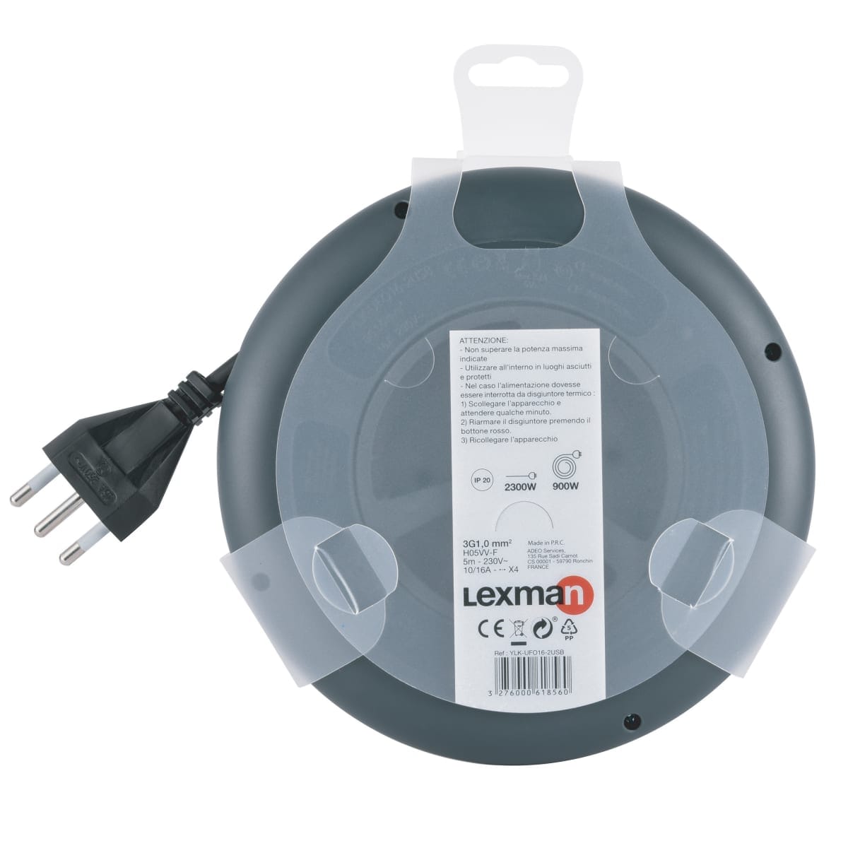 Bricocenter FLAT CABLE REEL 5MT 16A PLUG 4 SOCKETS 10/16A+2 USB WITH LEXMAN THERMAL CIRCUIT BREAKER
