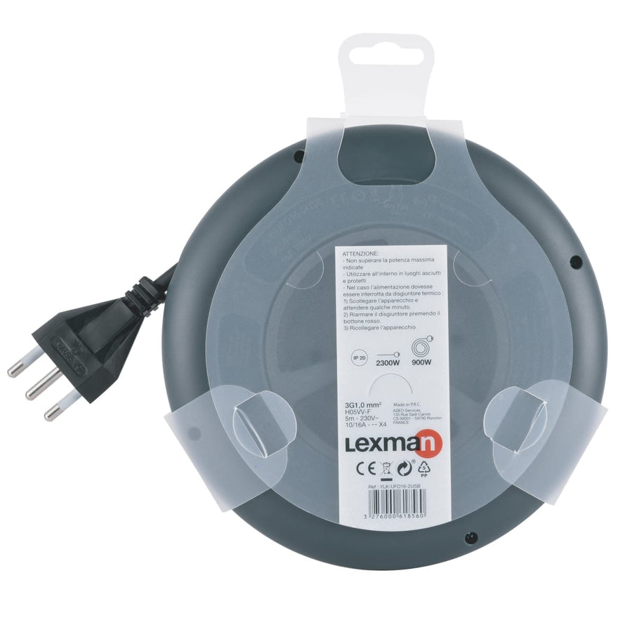 Bricocenter FLAT CABLE REEL 5MT 16A PLUG 4 SOCKETS 10/16A+2 USB WITH LEXMAN THERMAL CIRCUIT BREAKER