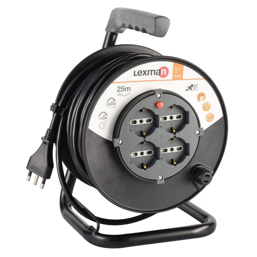 Bricocenter CABLE REEL 25 M CABLE H05VV-F 3G1,5 PLUG 16A 4 UNIVERSAL SOCKETS WITH THERMAL CIRCUIT BREAKER