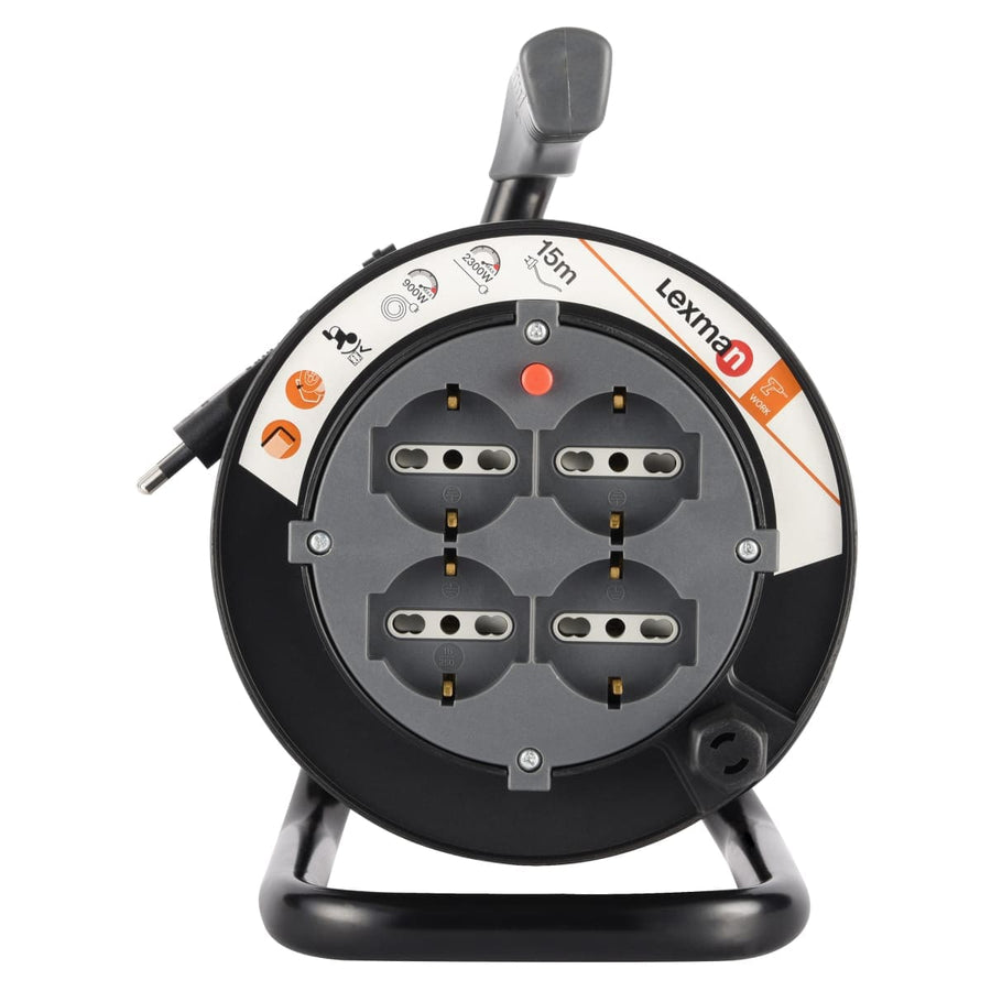 Bricocenter 15MT CABLE REEL 16A PLUG 4 UNIVERSAL SOCKETS WITH THERMAL CIRCUIT BREAKER BLACK