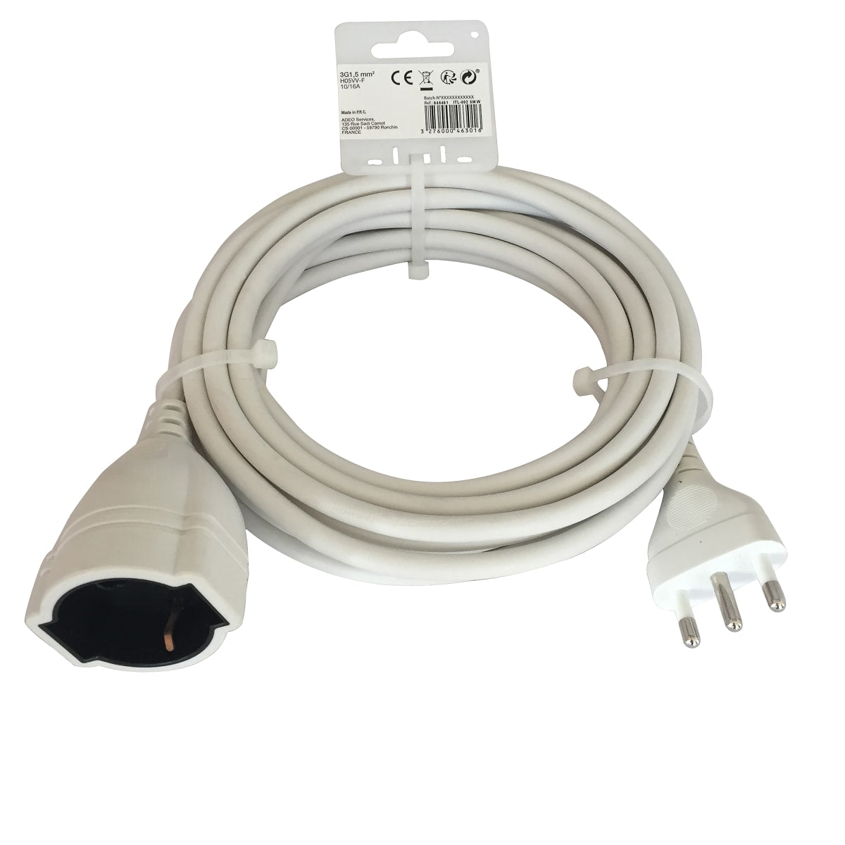 INDOOR EXTENSION CABLE 5 M 10/16A PLUG WHITE