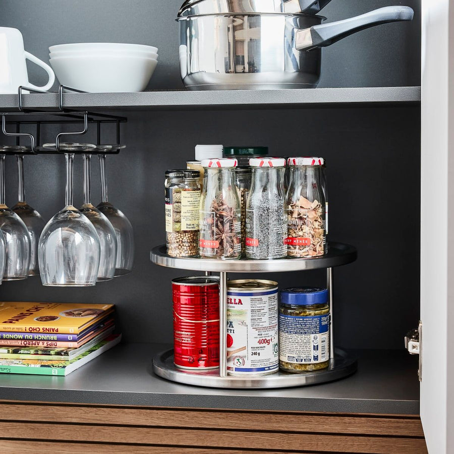 Rotating unit with 2 adjustable shelves