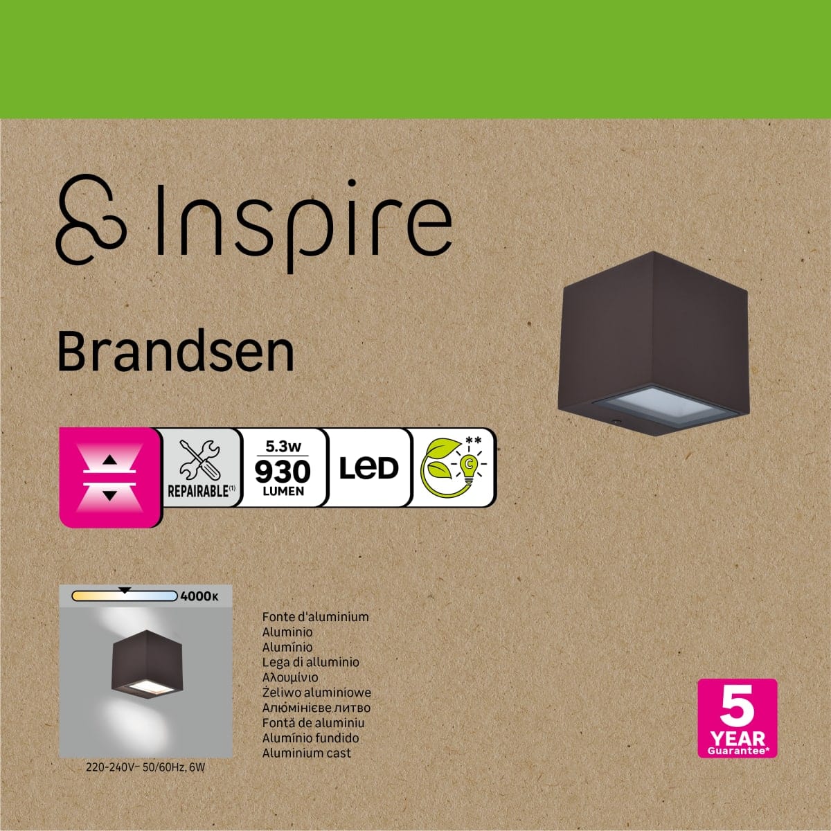 Bricocenter APPLIQUE BRANDSEN ALLUMINIO MARRONE 8.8CM LED 5,3W LUCE NATURALE IP54