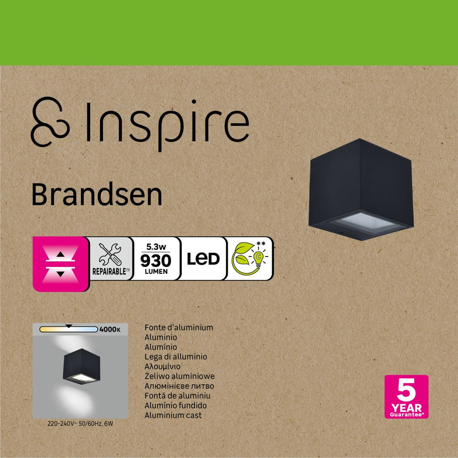 BRANDSEN BLACK ALUMINUM WALL SCONCE 8.8X8.5X8.5CM LED 65W NATURAL LIGHT IP54