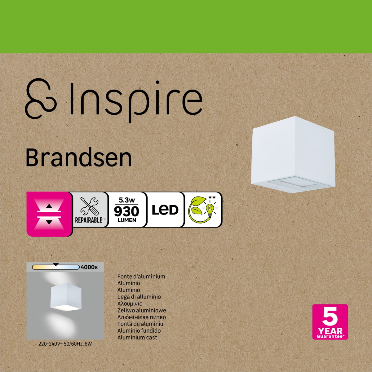 APPLIQUE BRANDSEN ALLUMINIO BIANCO 8.8X8.5X8.5CM LED 5.3W LUCE NATURALE IP54