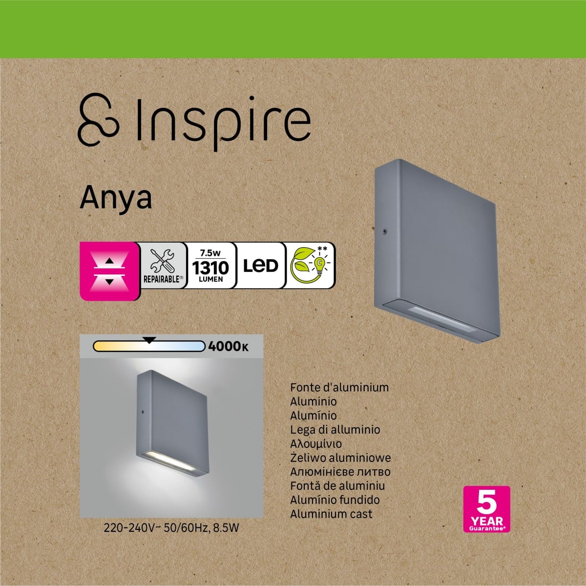 Bricocenter WALL LIGHT ANYA GREY ALUMINIUM 14X14.1X3.3CM LED 7.5W NATURAL LIGHT IP54