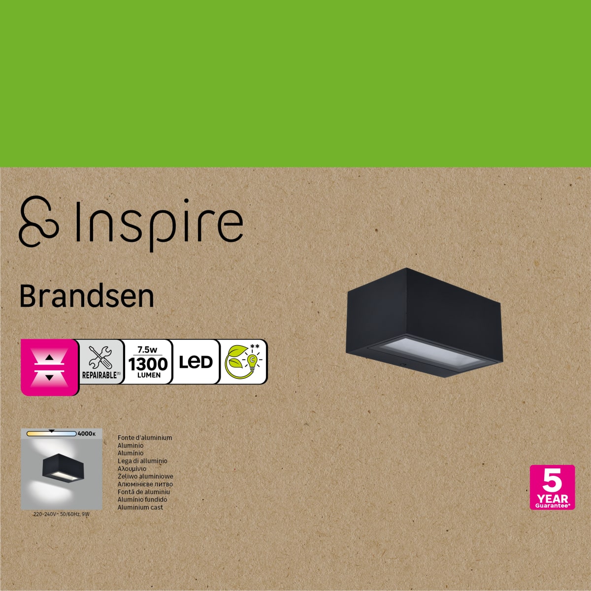 BRANDSEN BLACK ALUMINUM WALL SCONCE 14X6.5CM LED 7.5W NATURAL LIGHT IP54