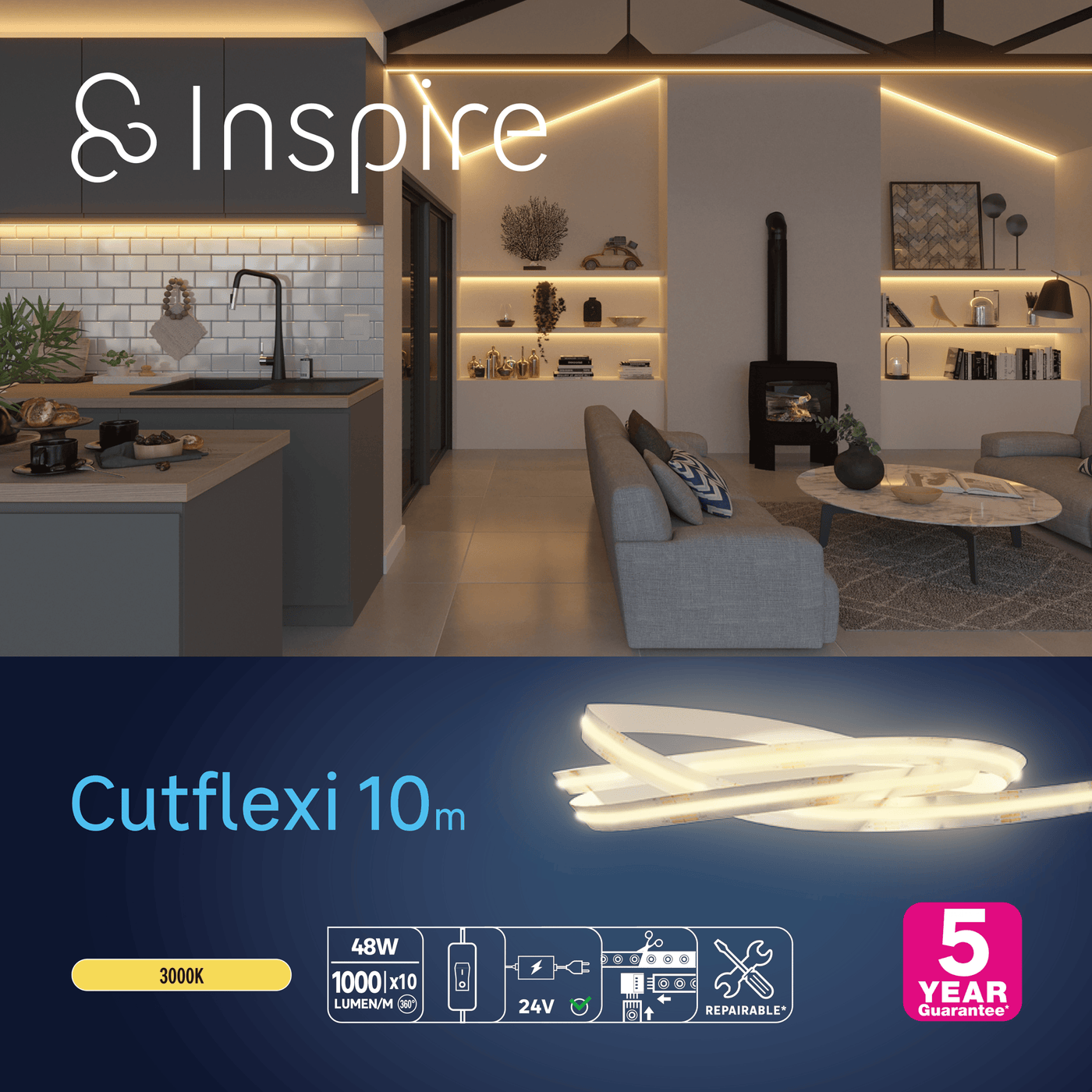 Continuous-light LED strip kit, 10m, 54W, 1000lm, warm white light
