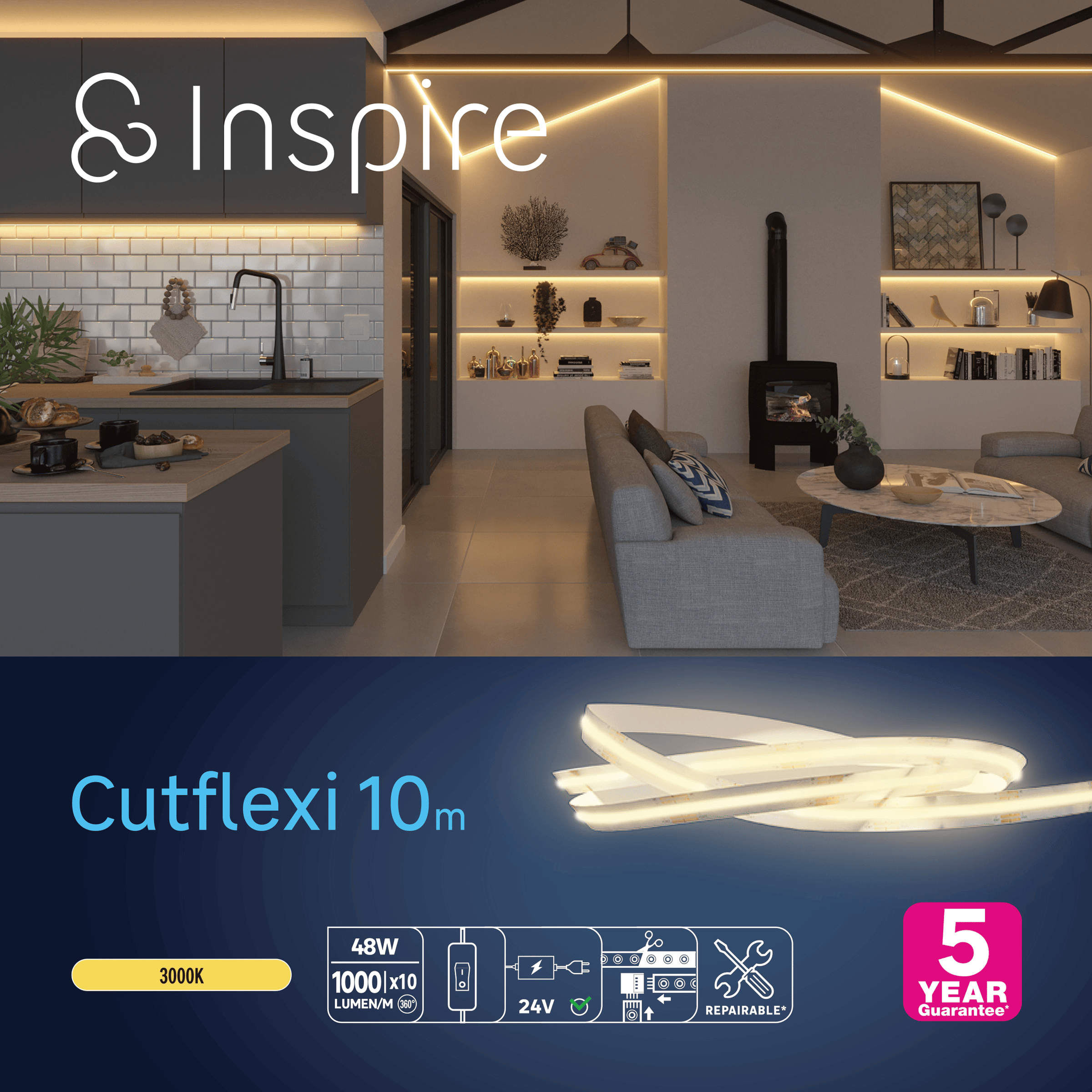 Continuous-light LED strip kit, 10m, 54W, 1000lm, warm white light