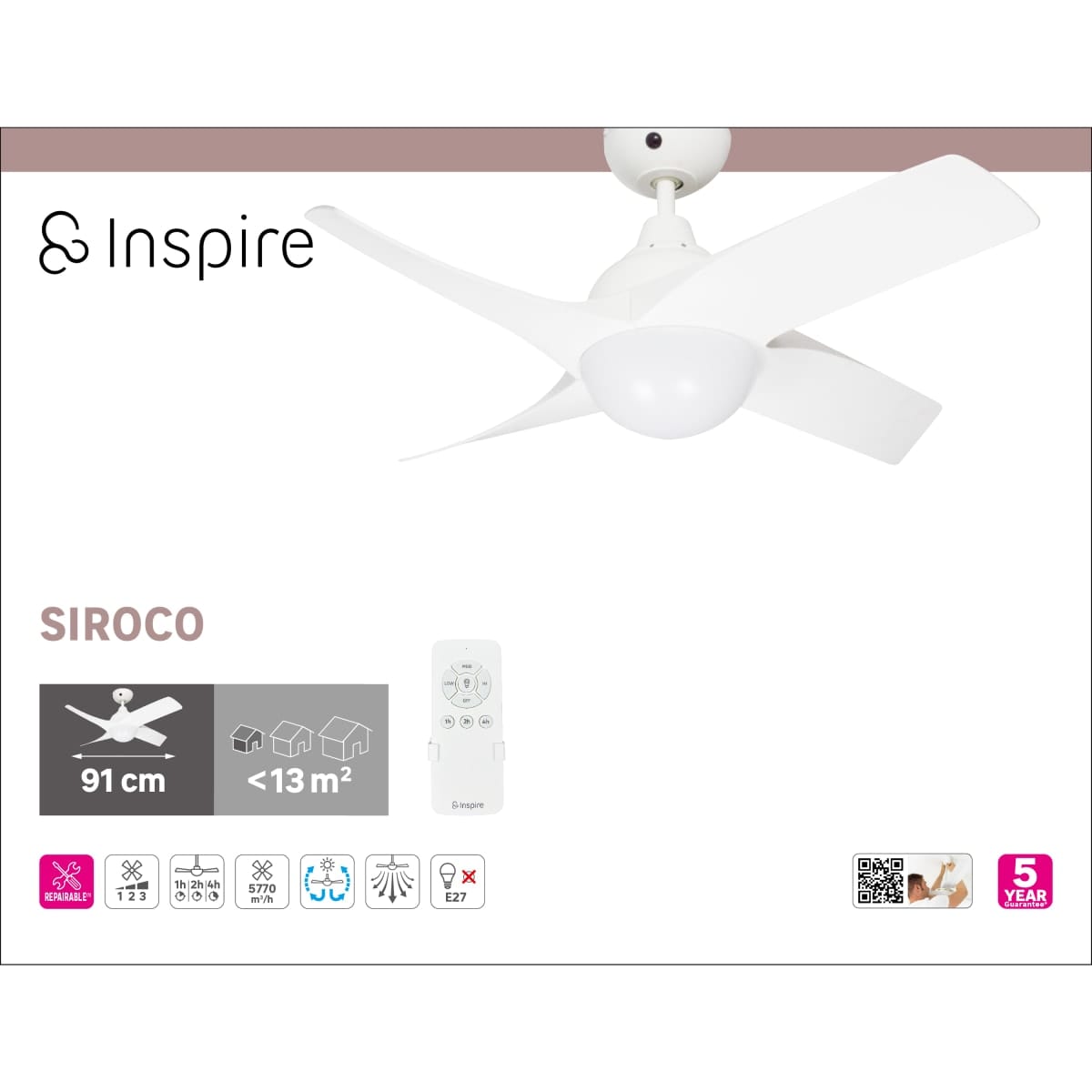 Bricocenter SIROCO CEILING FAN PLASTIC WHITE D91 CM E27=15W 3 BLADES