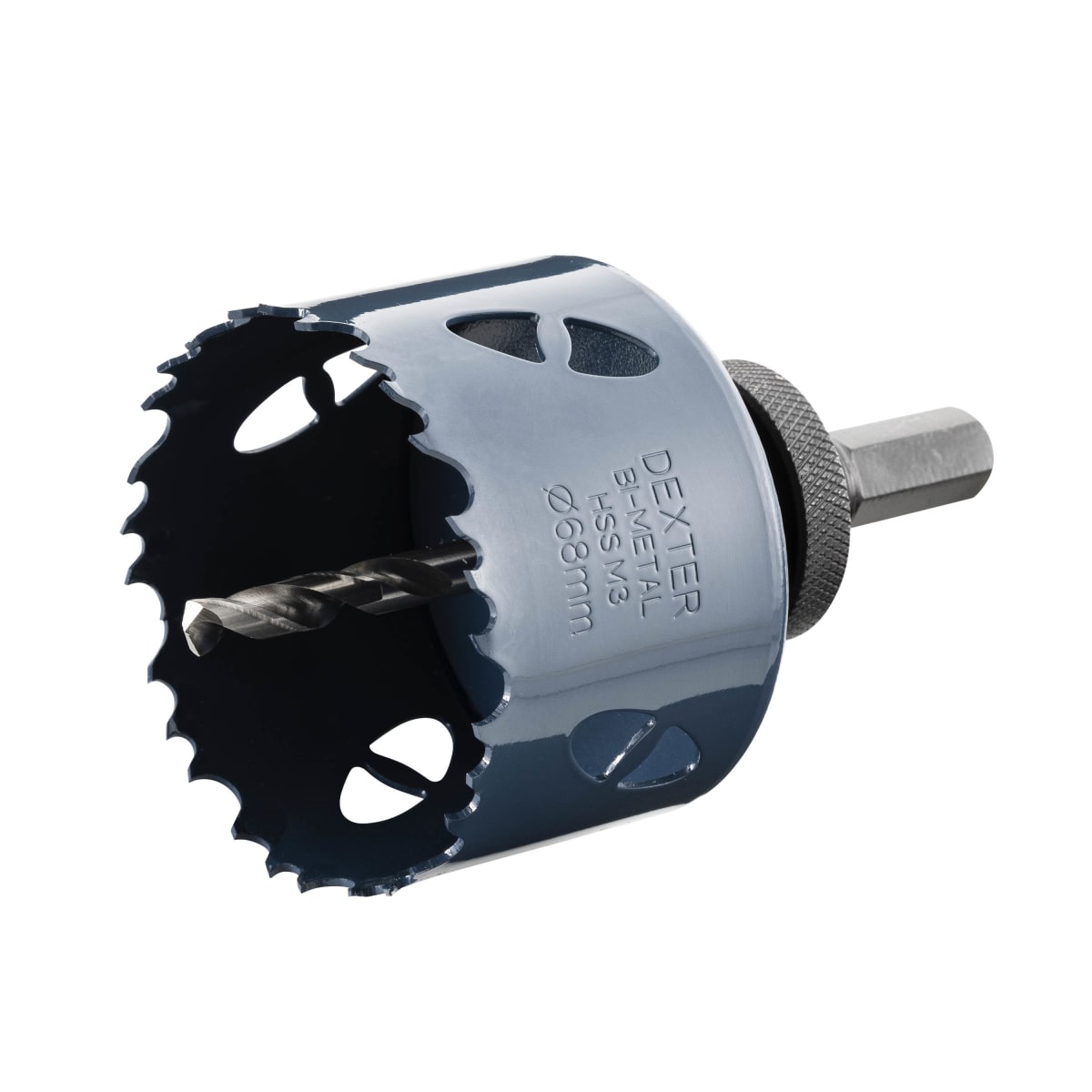DEXTER 68MM BIMETAL HOLE SAW, WITH STAND AND BIT