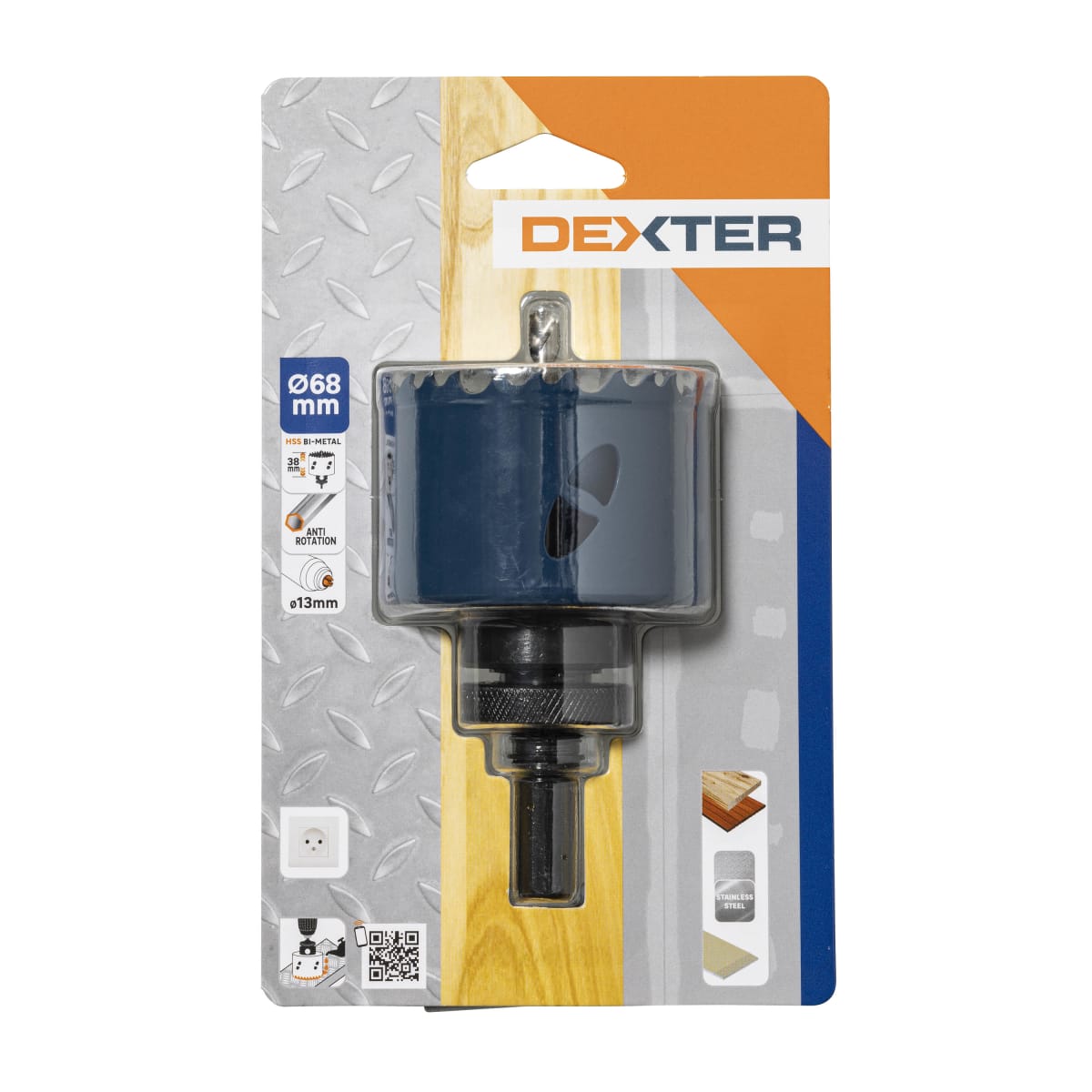 DEXTER 68MM BIMETAL HOLE SAW, WITH STAND AND BIT