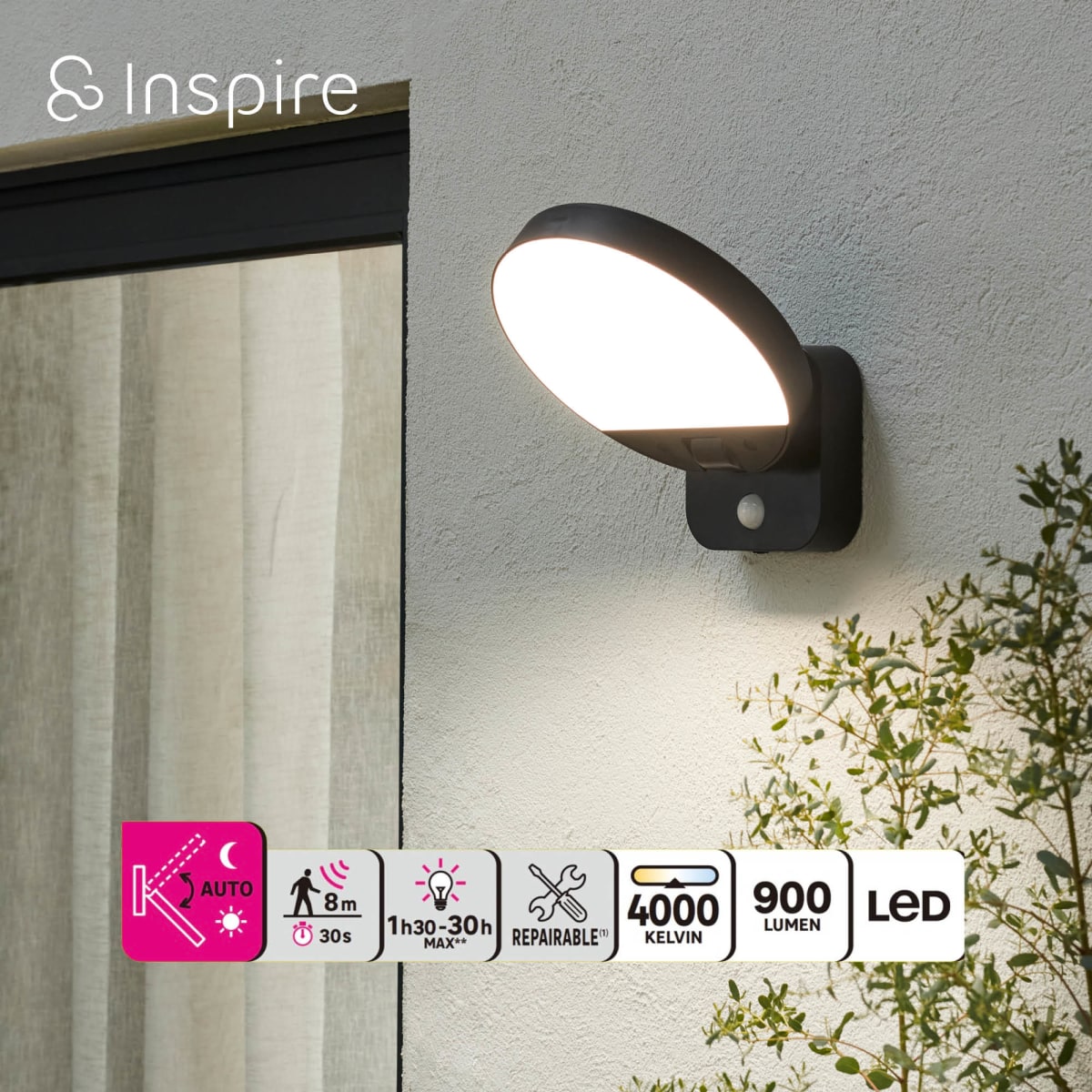 SOLAR WALL SCONCE FASNIA PLASTIC BLACK LED 66W NATURAL LIGHT WITH MOTION SENSOR IP44