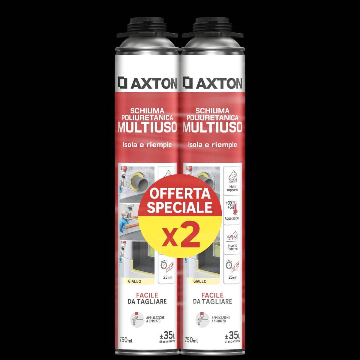 Bricocenter BI PACK MULTI-PURPOSE POLYURETHANE FOAM 750ML AXTON