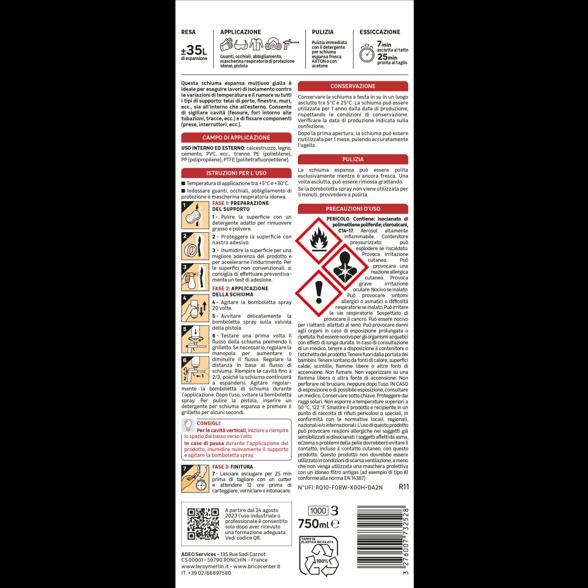 Bricocenter 6-PIECE SET OF MULTI-PURPOSE POLYURETHANE FILLING FOAM FOR AXTON GUN 750ML