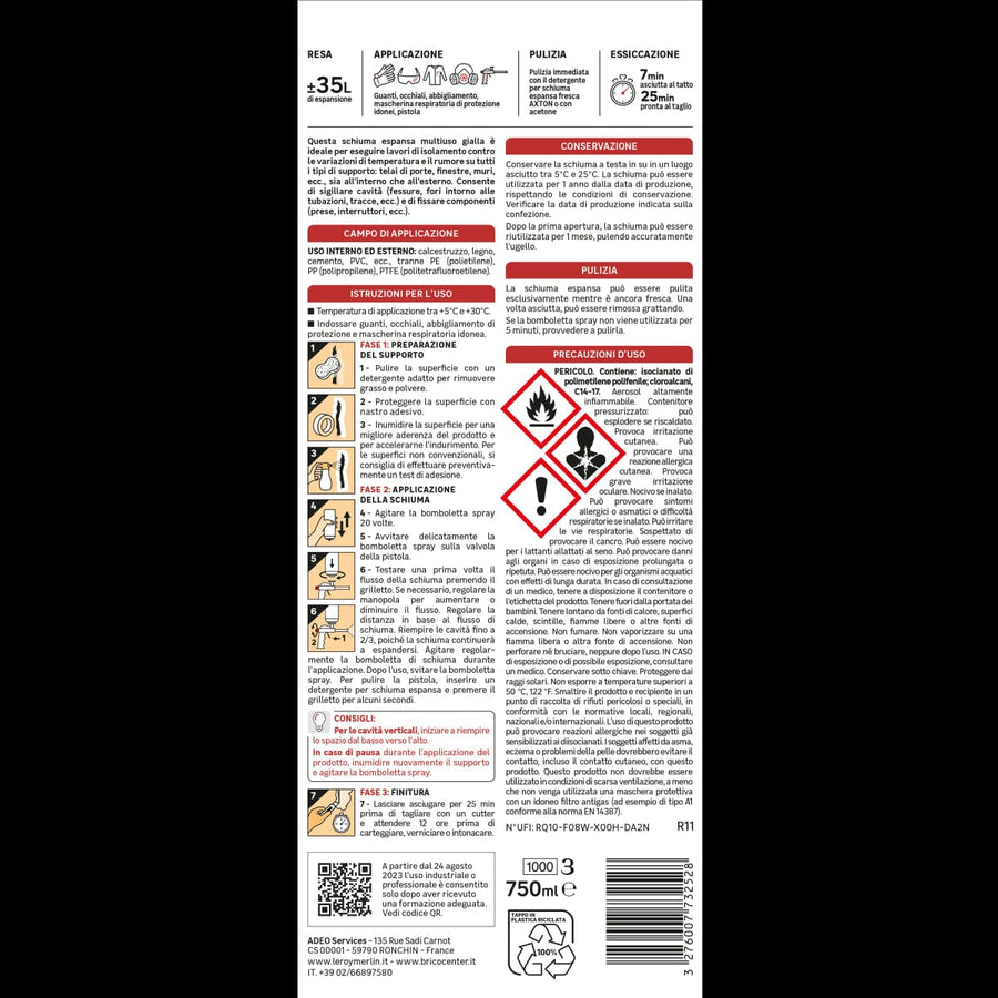 Bricocenter 6-PIECE SET OF MULTI-PURPOSE POLYURETHANE FILLING FOAM FOR AXTON GUN 750ML