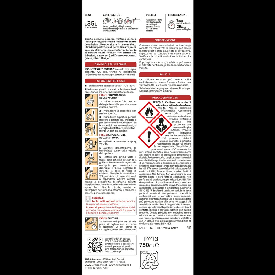 Bricocenter BI PACK MULTI-PURPOSE POLYURETHANE FOAM 750ML AXTON