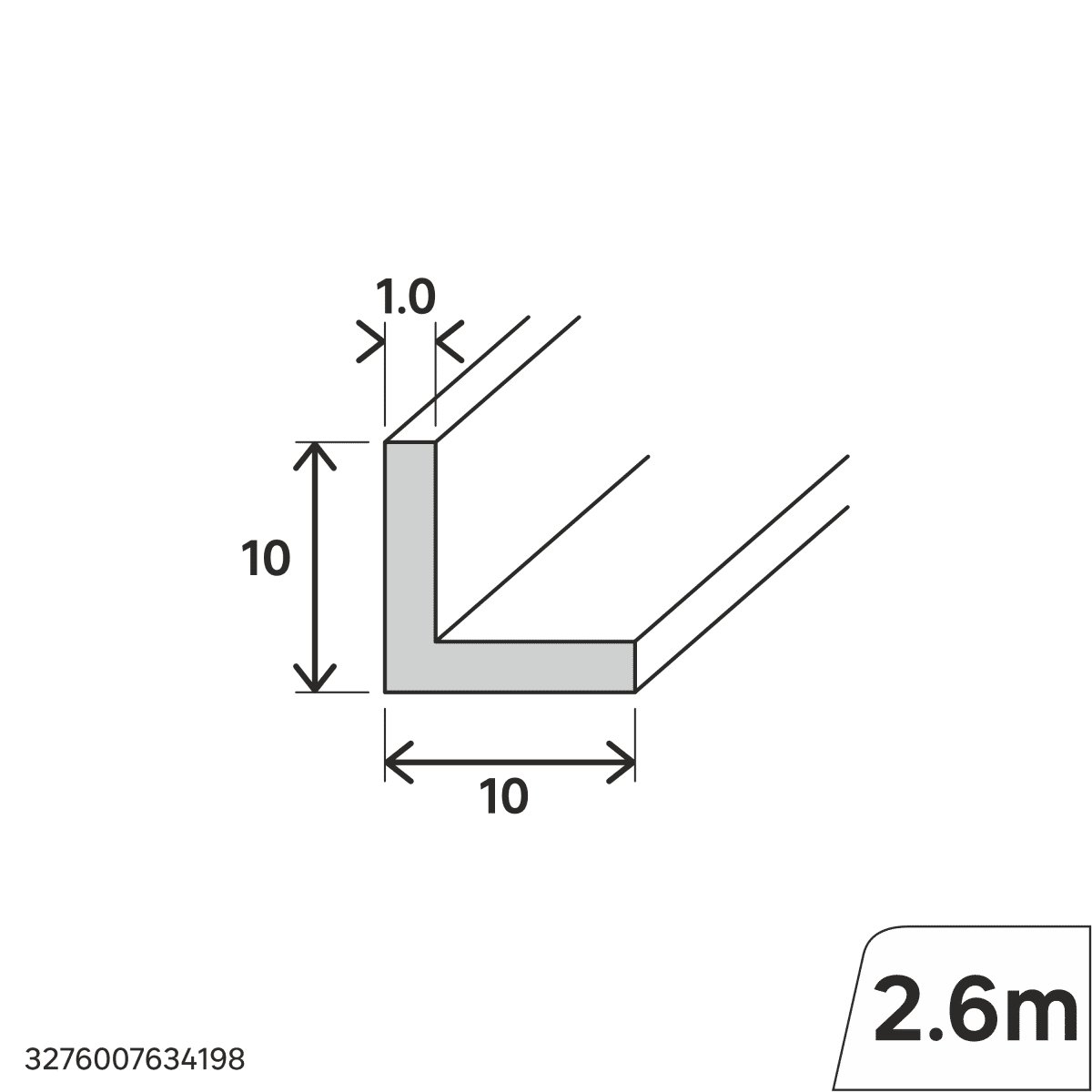 10x10x1mm matt white PVC corner profile, 2.6m, with adhesive backing