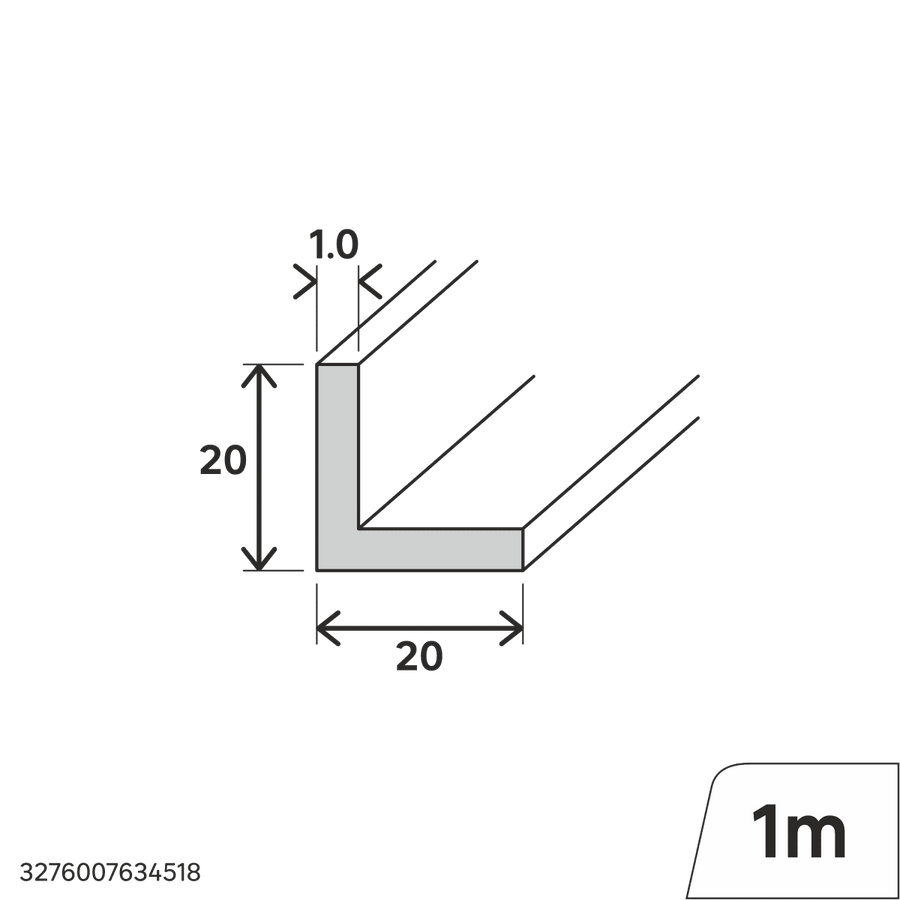 20x20x1mm PVC corner profile, 1m, matt black with adhesive backing
