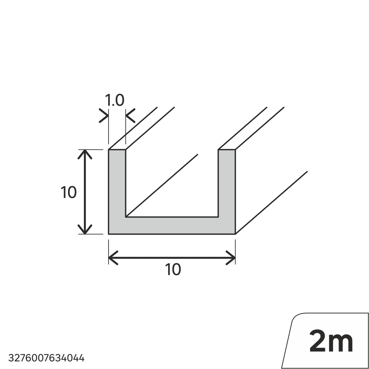 10x10x1mm PVC U-profile, 2m, matt white