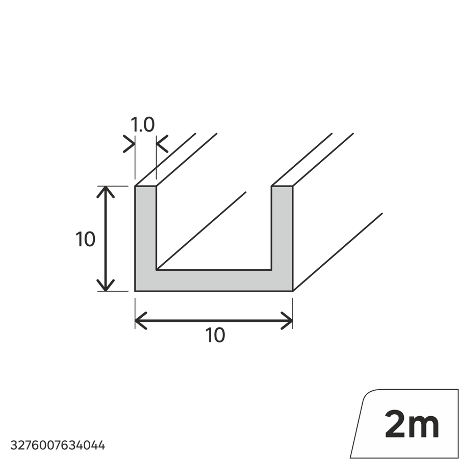 10x10x1mm PVC U-profile, 2m, matt white