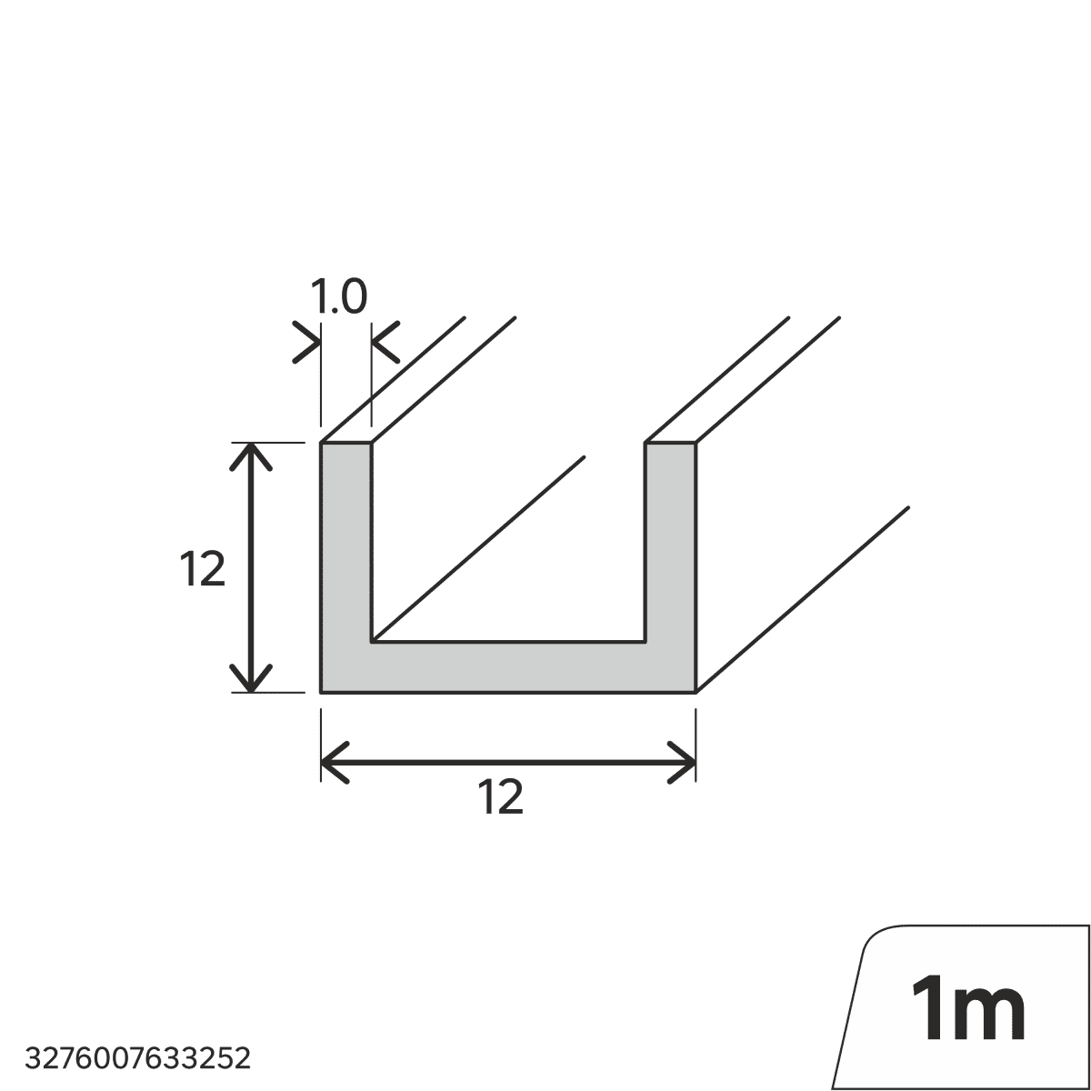 12x12x1mm transparent PVC U-profile, 1 metre
