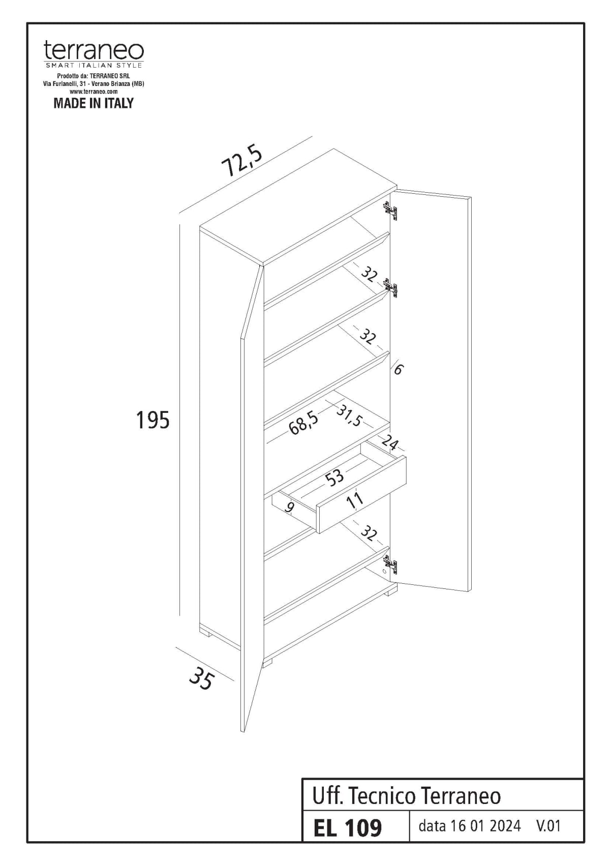 multi-purpose cupboard with 2 doors, 1 drawer, 6 interior shelves 72x37X195H