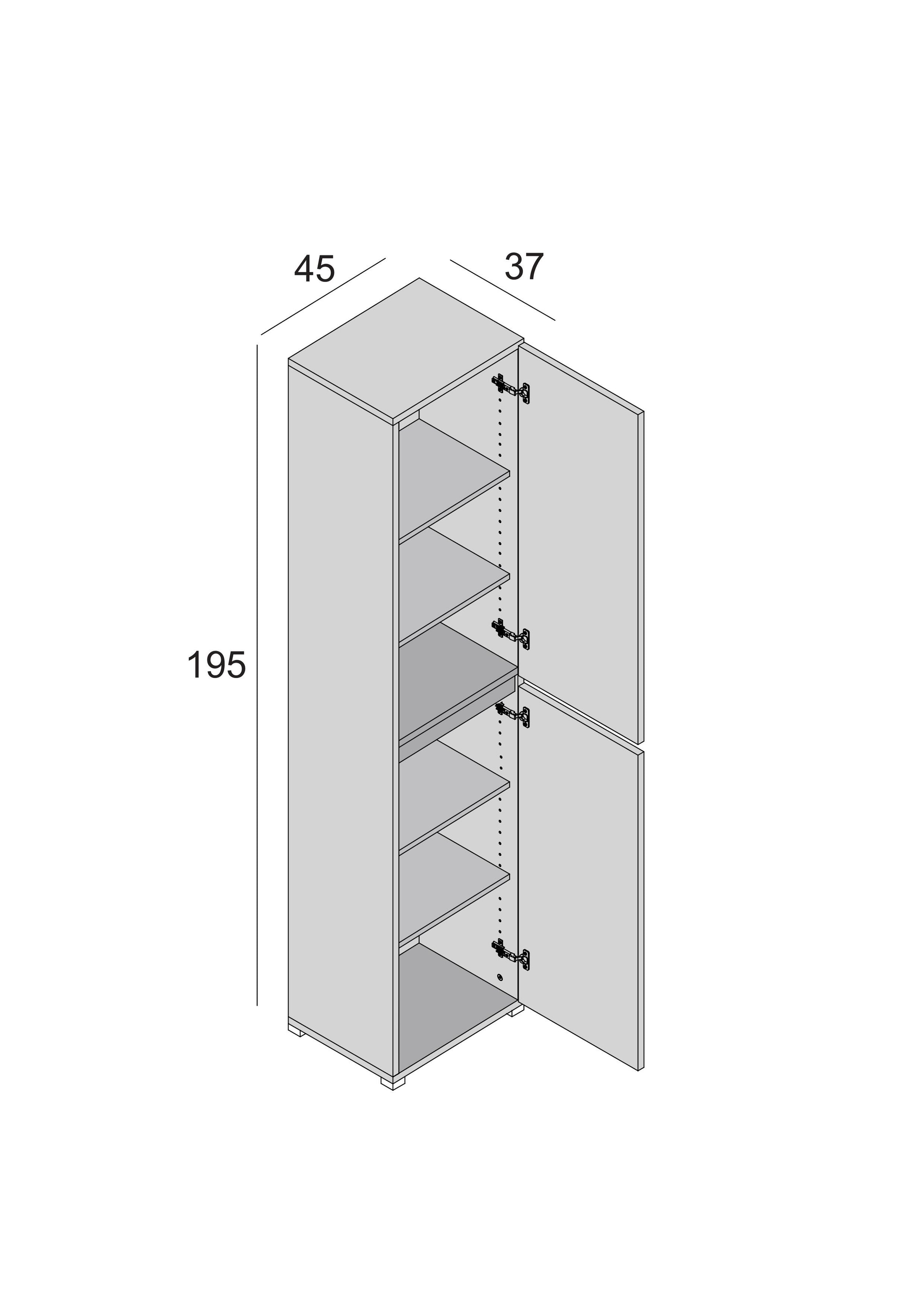 Mobile multiuso - 2 ante, maniglia a golaa, 4 ripiani regolabili 45x37x195 bianco