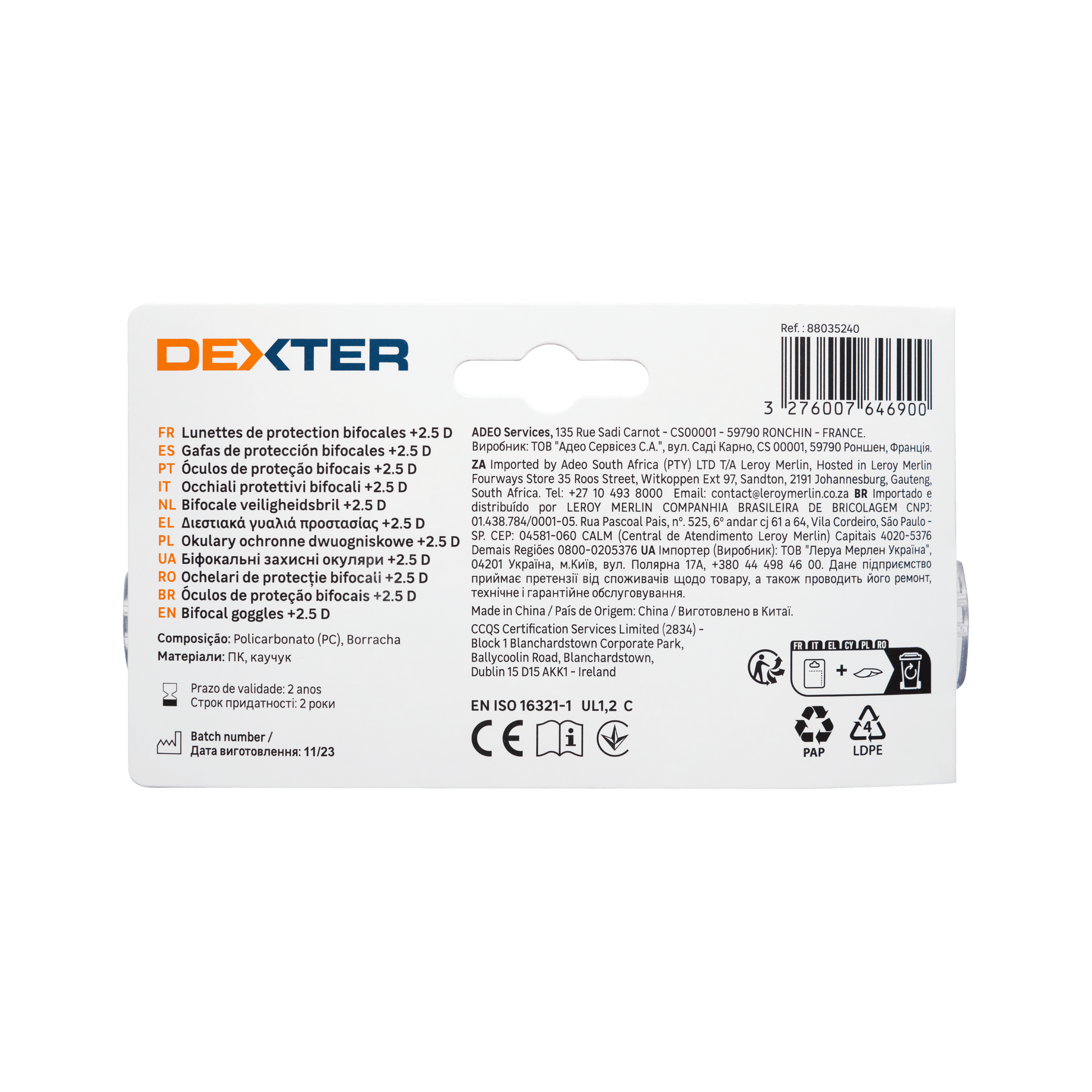 Bricocenter DEXTER SAFETY GLASSES WITH BIFOCAL LENS FOR READING 2.5 DIOPTER POLYCARBONATE