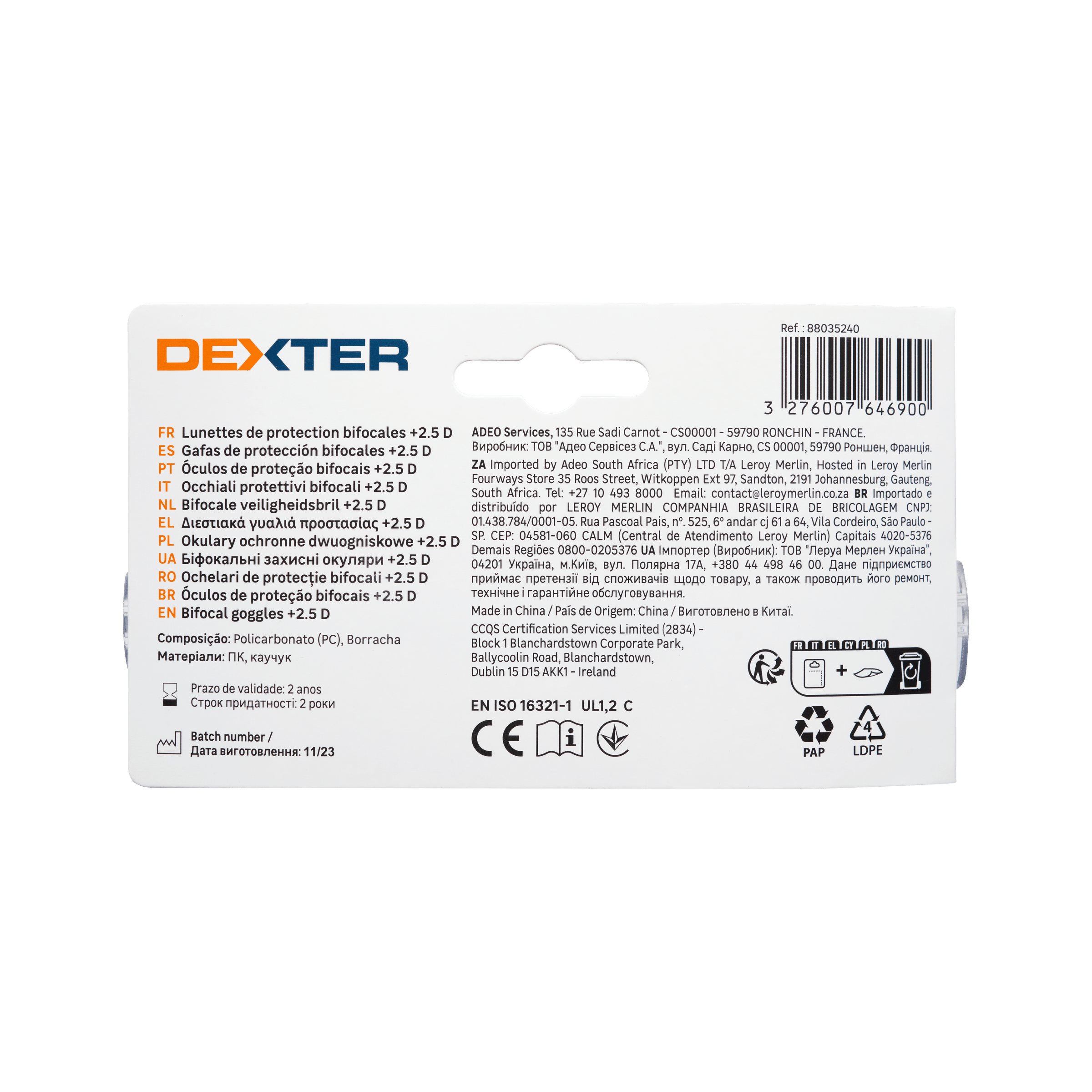 Bricocenter DEXTER SAFETY GLASSES WITH BIFOCAL LENS FOR READING 2.5 DIOPTER POLYCARBONATE