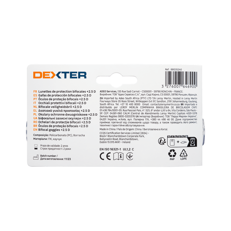 Bricocenter DEXTER SAFETY GLASSES WITH BIFOCAL LENS FOR READING 2.5 DIOPTER POLYCARBONATE