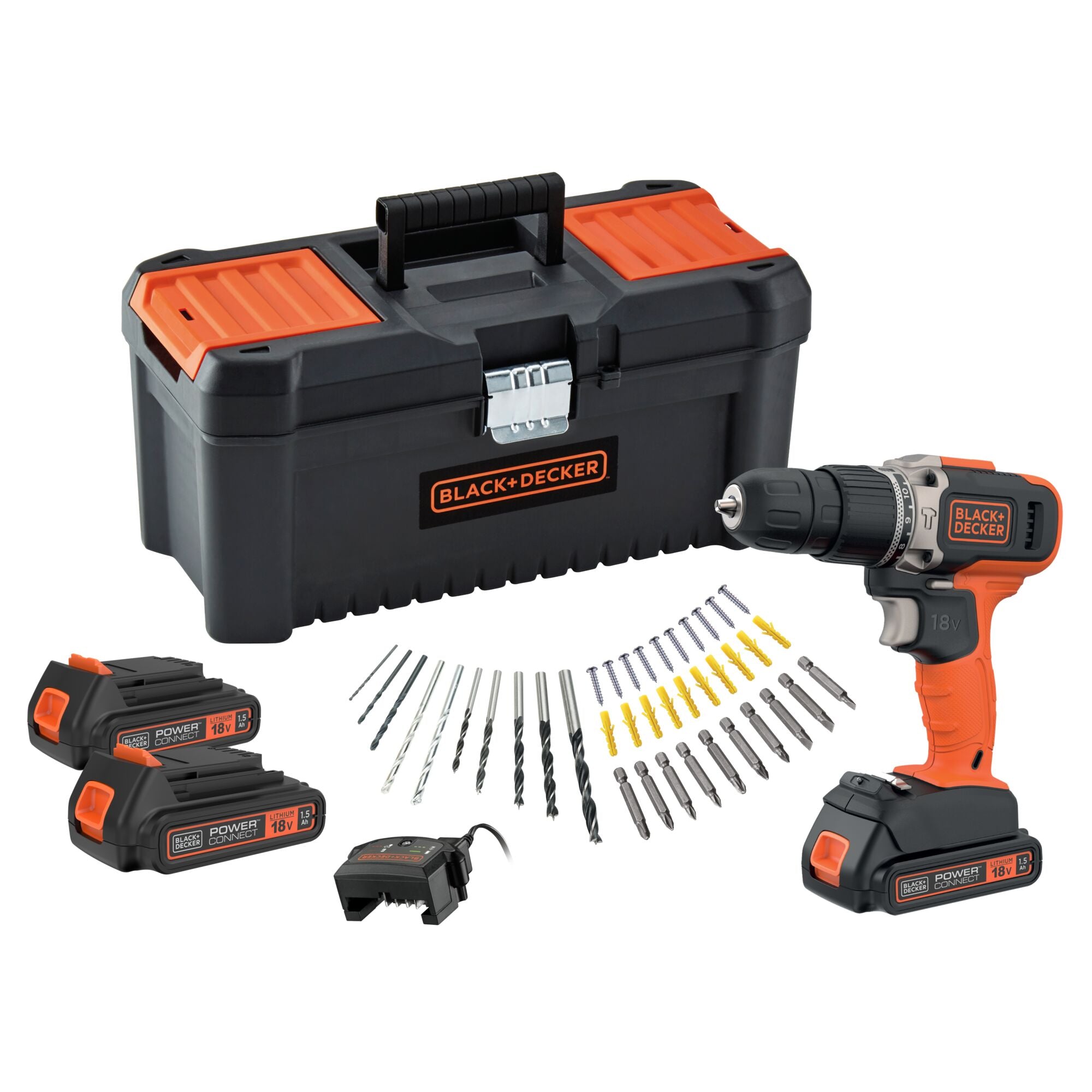 18V hammer drill/driver with 3 x 1.5Ah batteries + 40 accessories