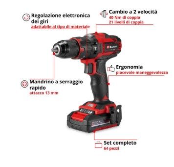 Trapano avvitatore a percussione a batteria te-cd 18/40 li-i +64 (1x2,0ah)