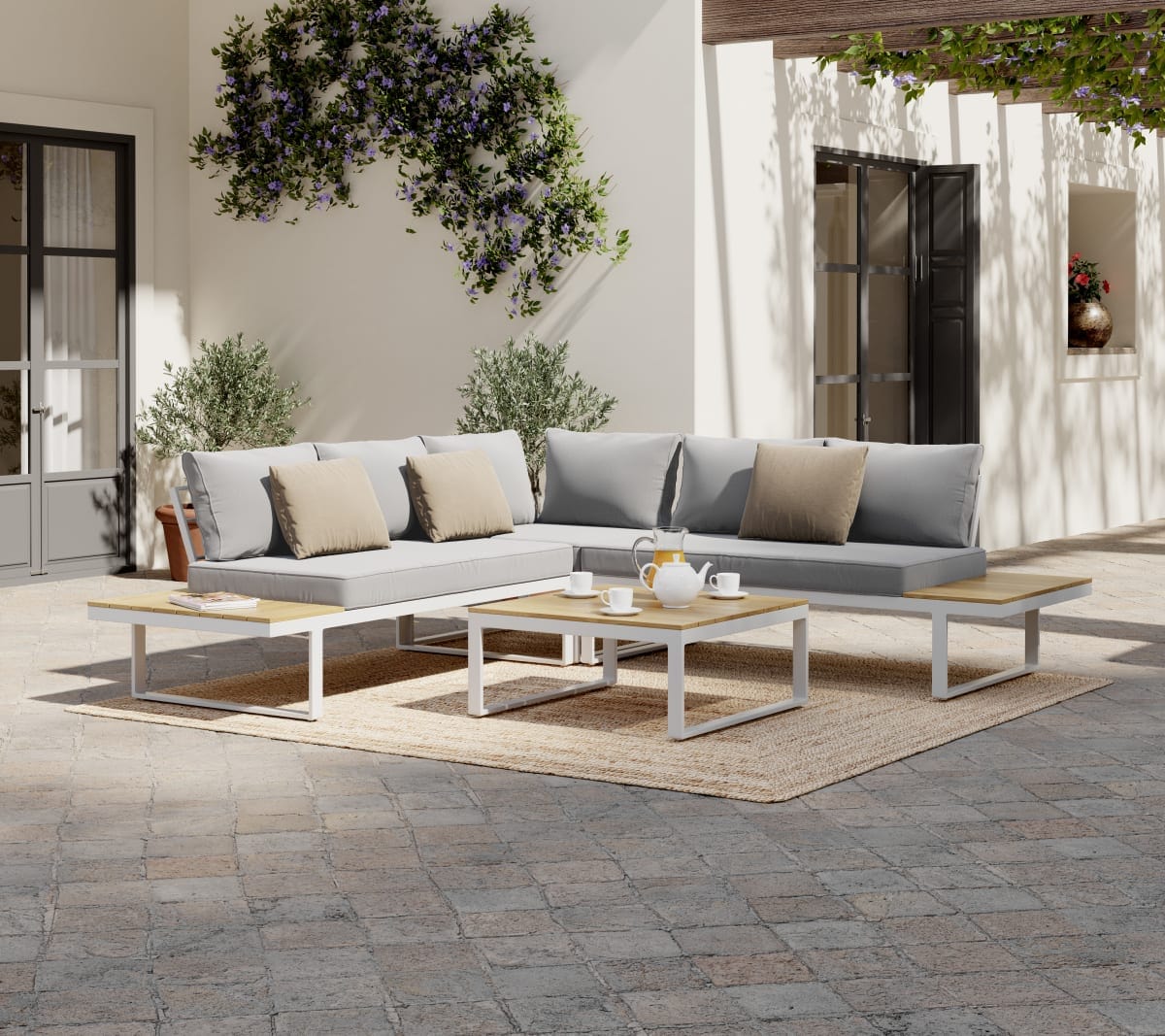 Bricocenter CAPRI 5-SEATER CORNER SET WITH WOOD EFFECT COFFEE TABLE AND WHITE