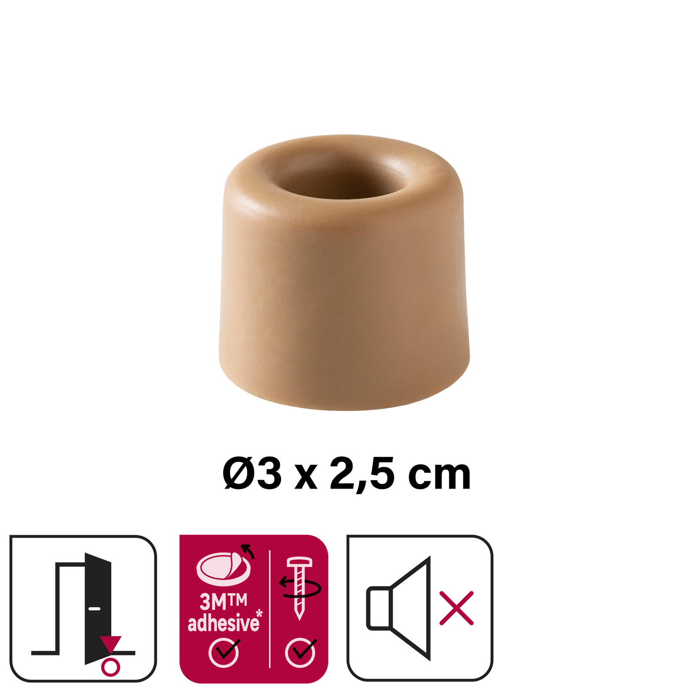 VULCANISED RUBBER DOORSTOP WITH DOUBLE FASTENING MATT BROWN D 3 X H 2.5 CM