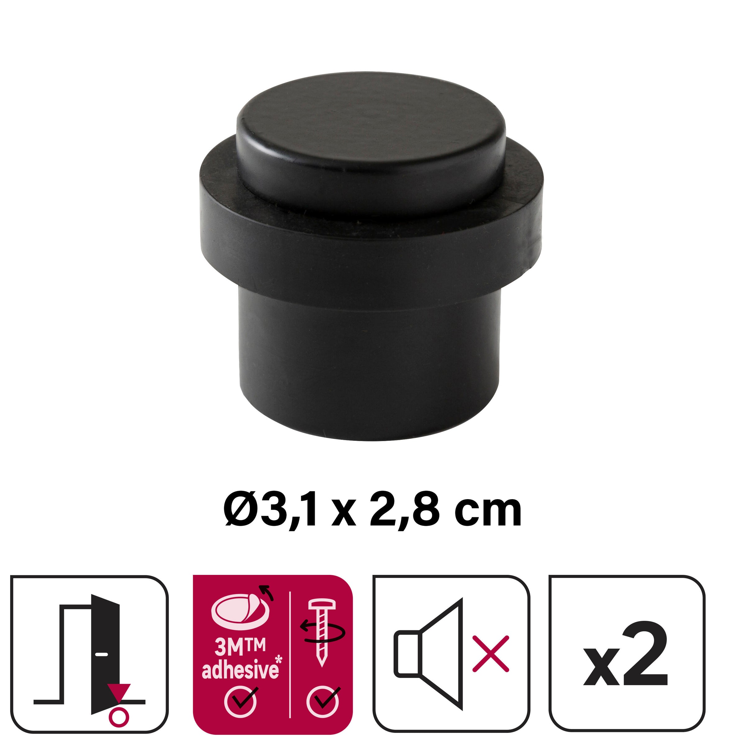 DOORSTOP STAINLESS STEEL WITH DOUBLE MATT BLACK FIXING D 3.6 X H 3.2 CM, 2 PIECES INSPIRE