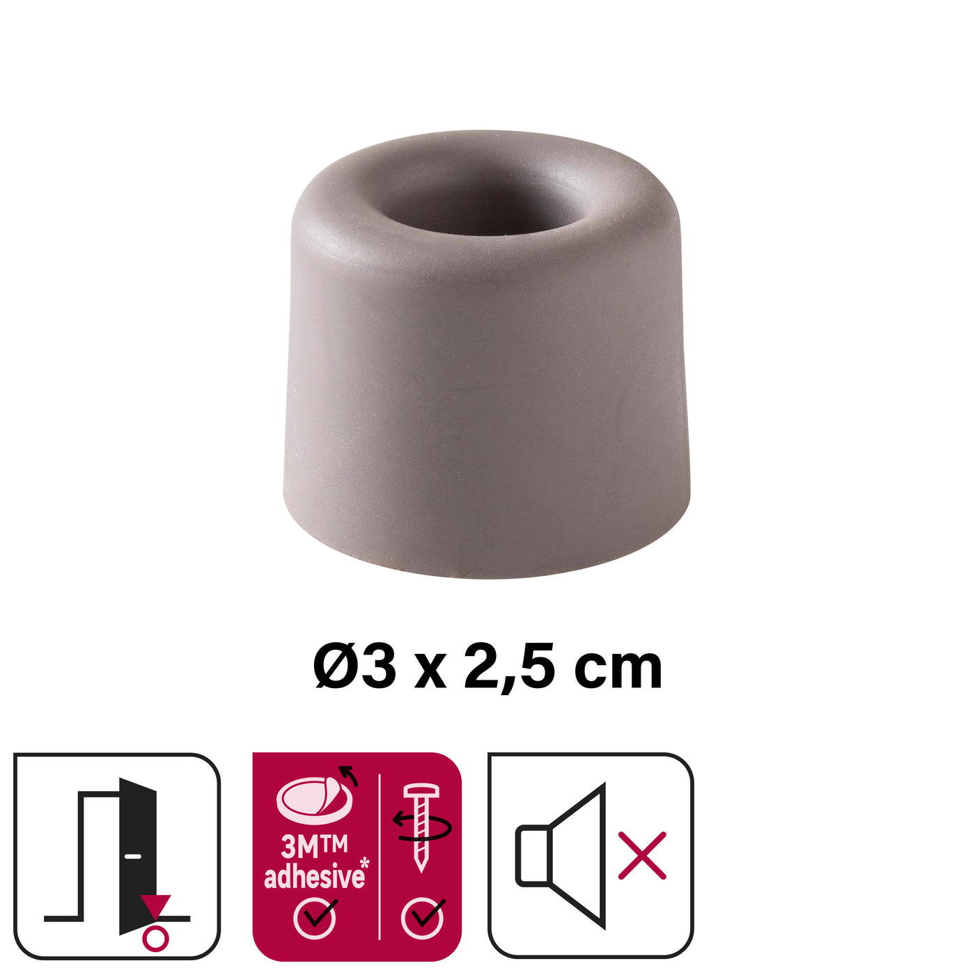 VULCANISED RUBBER DOORSTOP WITH DOUBLE FASTENING GREY D 3 X H 2.5 CM